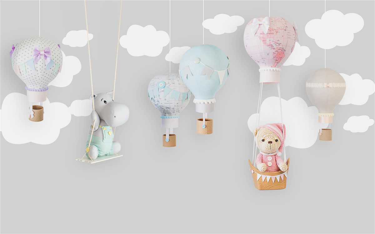 Fotobehang teddybeer en baby nijlpaard in de lucht