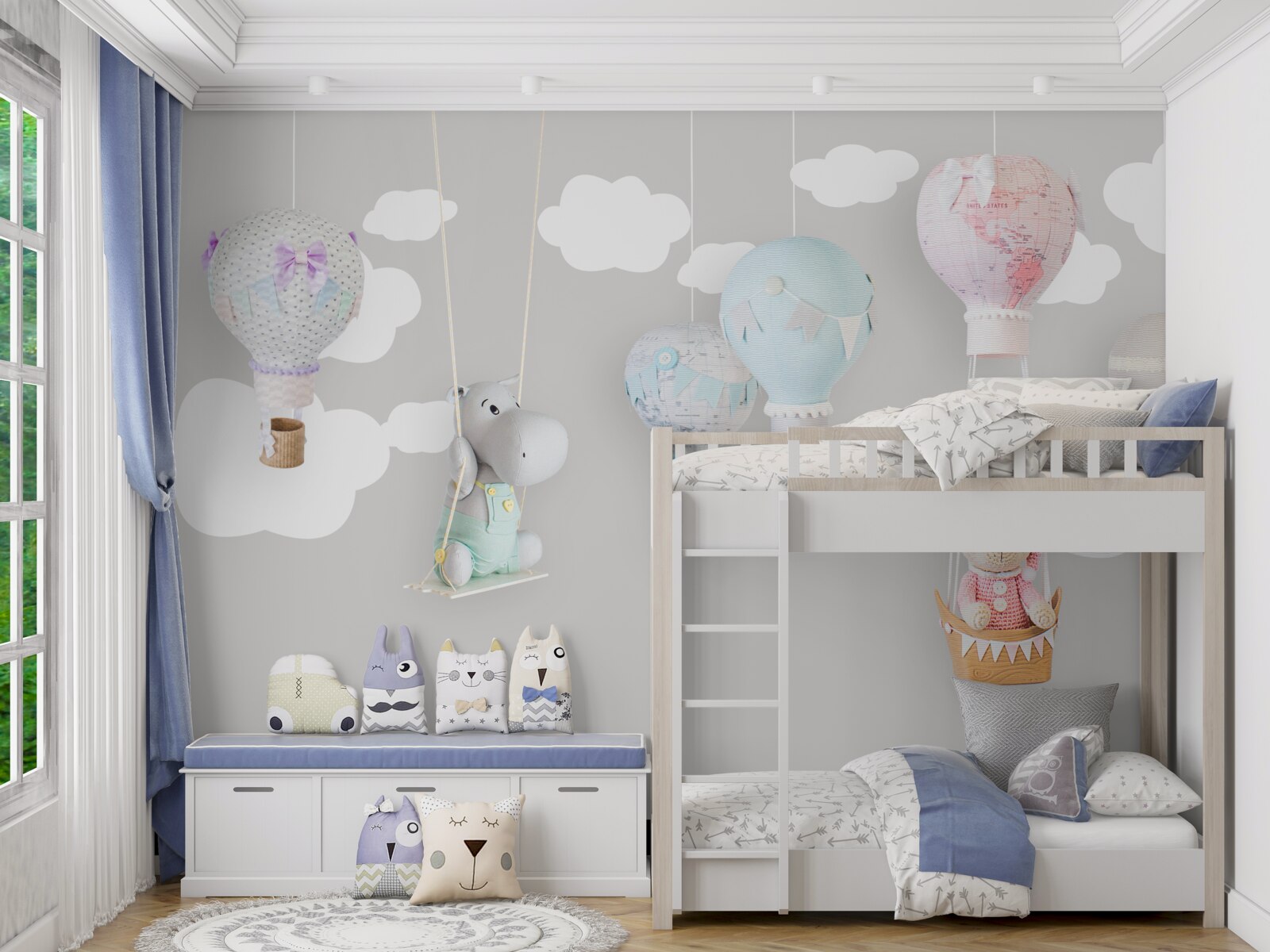 Fotobehang teddybeer en baby nijlpaard in de lucht