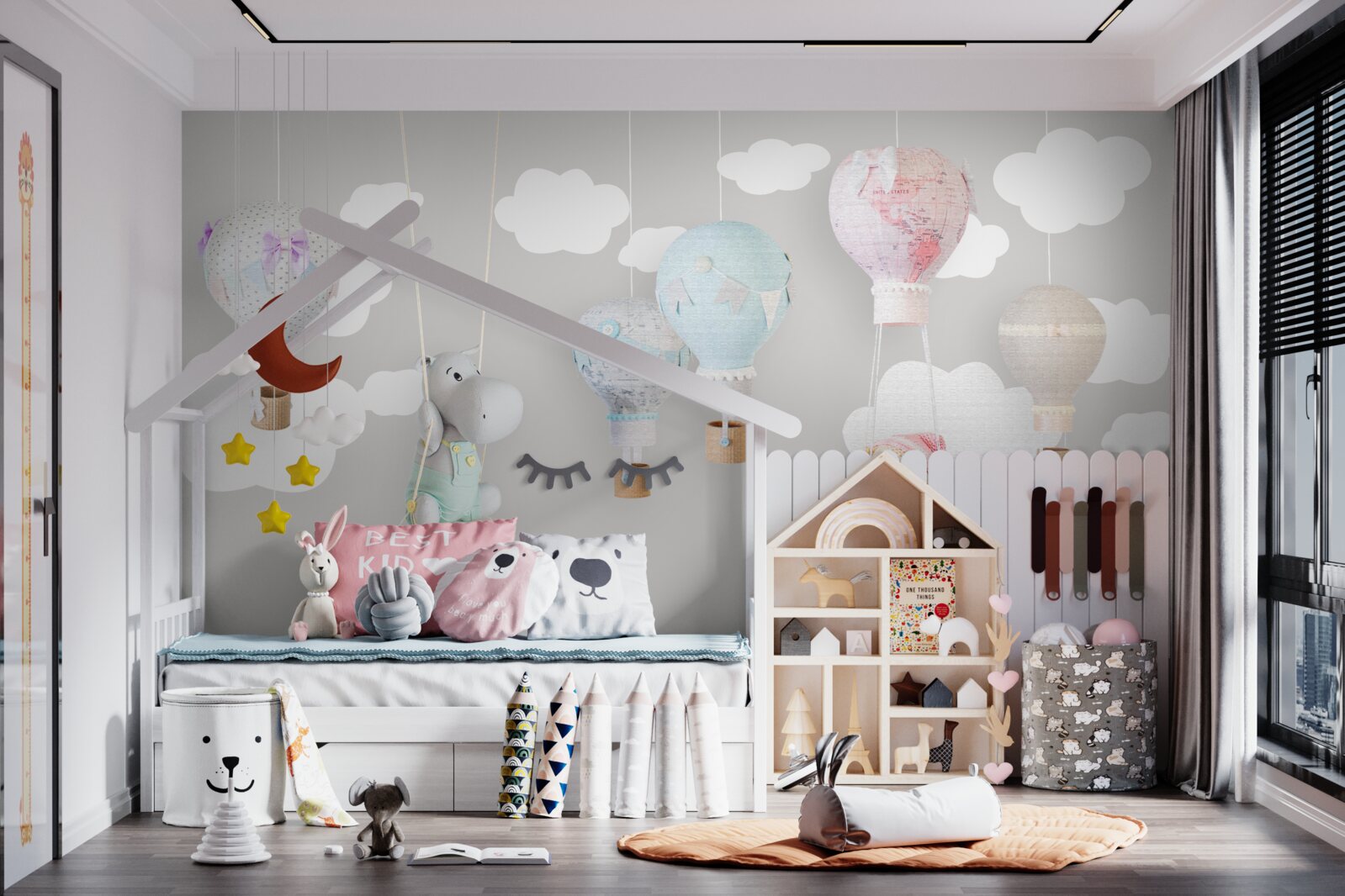 Fotobehang teddybeer en baby nijlpaard in de lucht