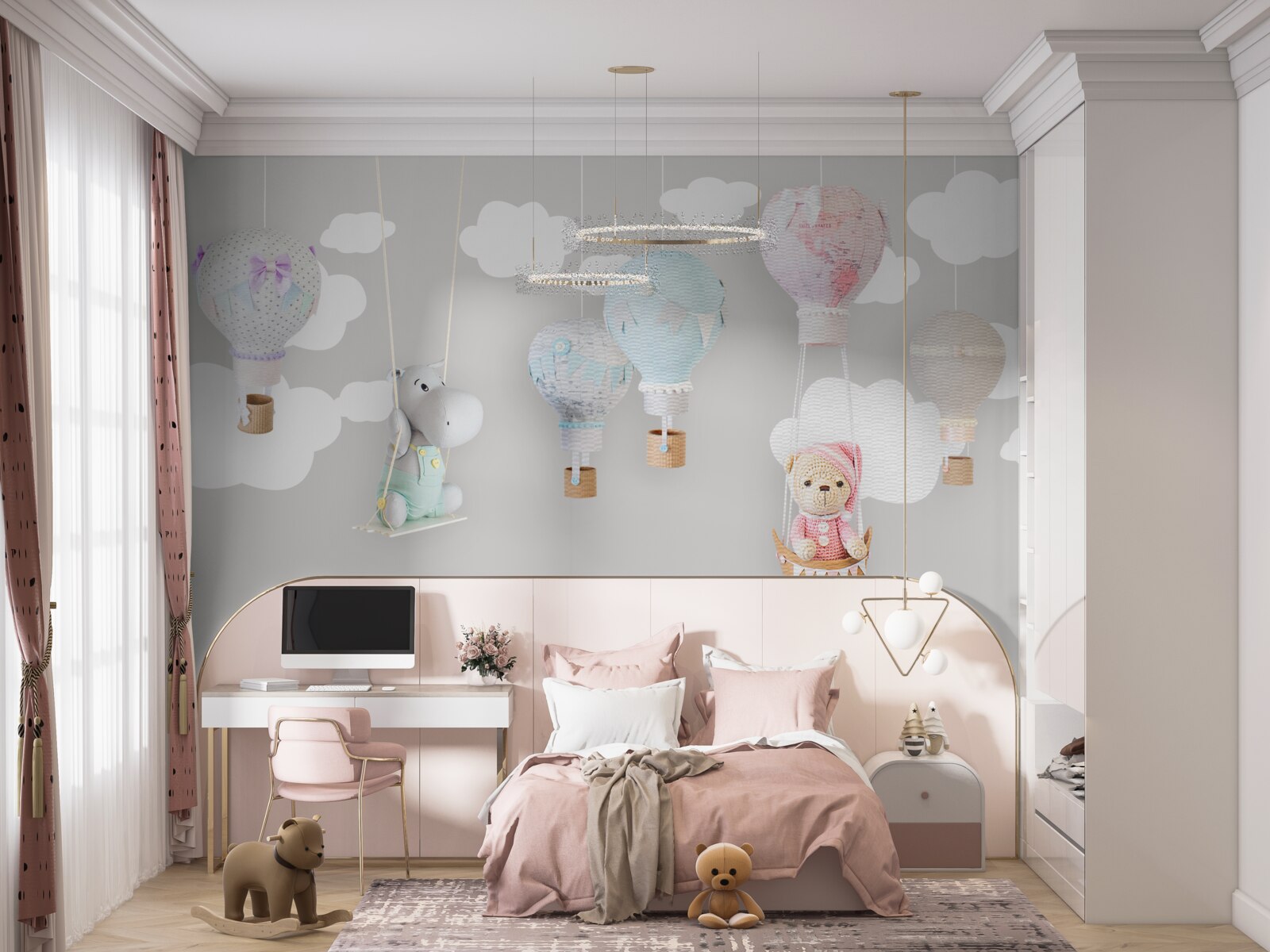 Fotobehang teddybeer en baby nijlpaard in de lucht