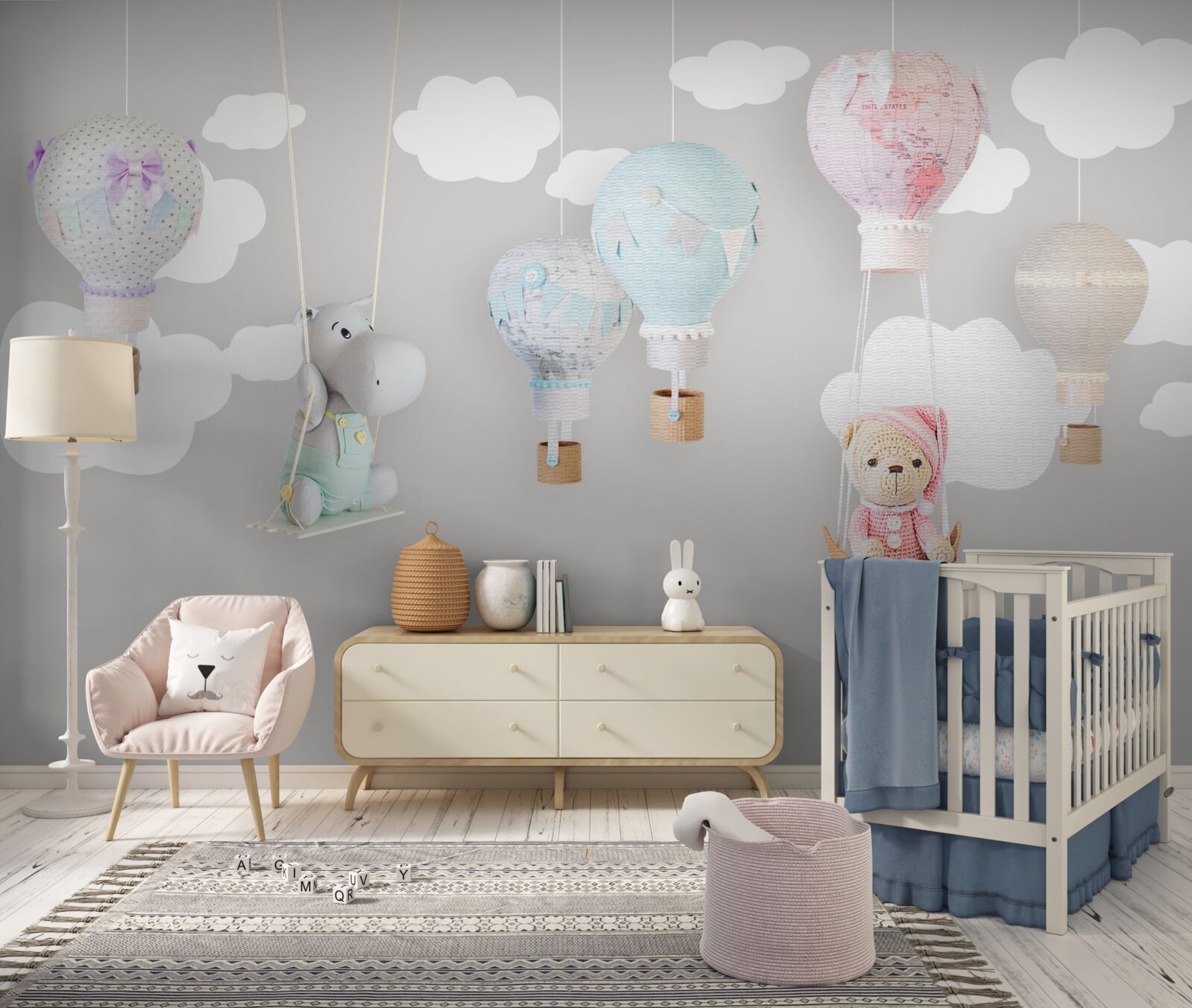 Fotobehang teddybeer en baby nijlpaard in de lucht