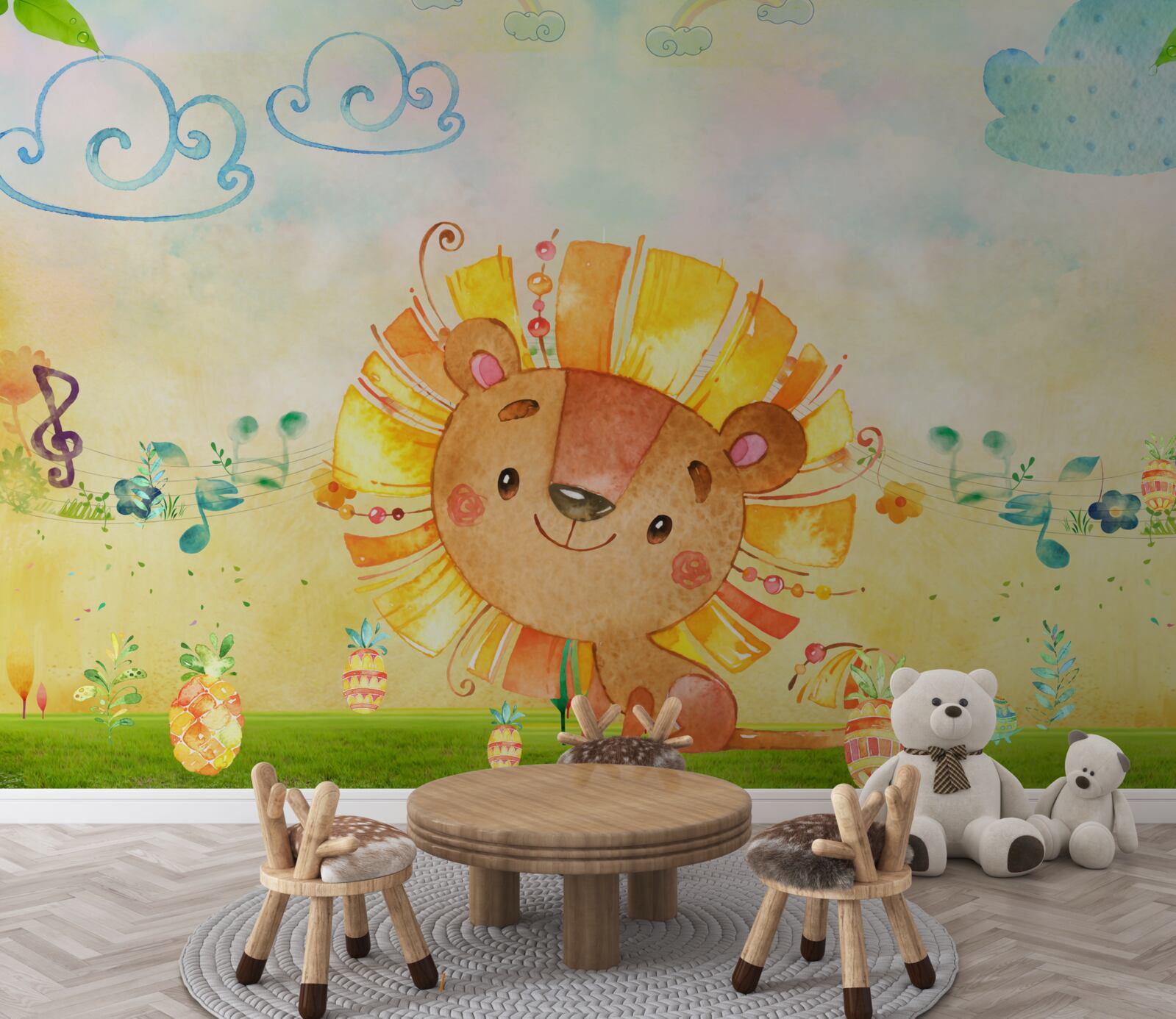 Fotobehang een jonge leeuwin lacht gelukkig in een weide