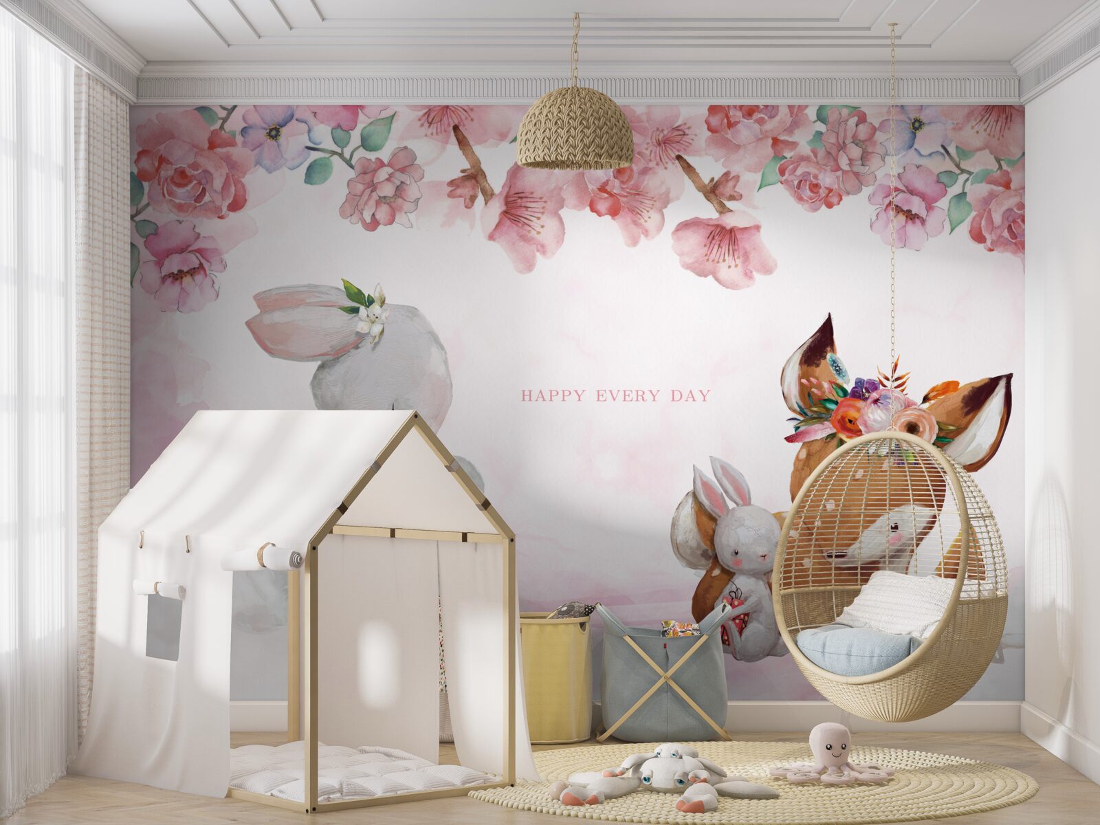 Fotobehang hert puppy en schattige konijntjes