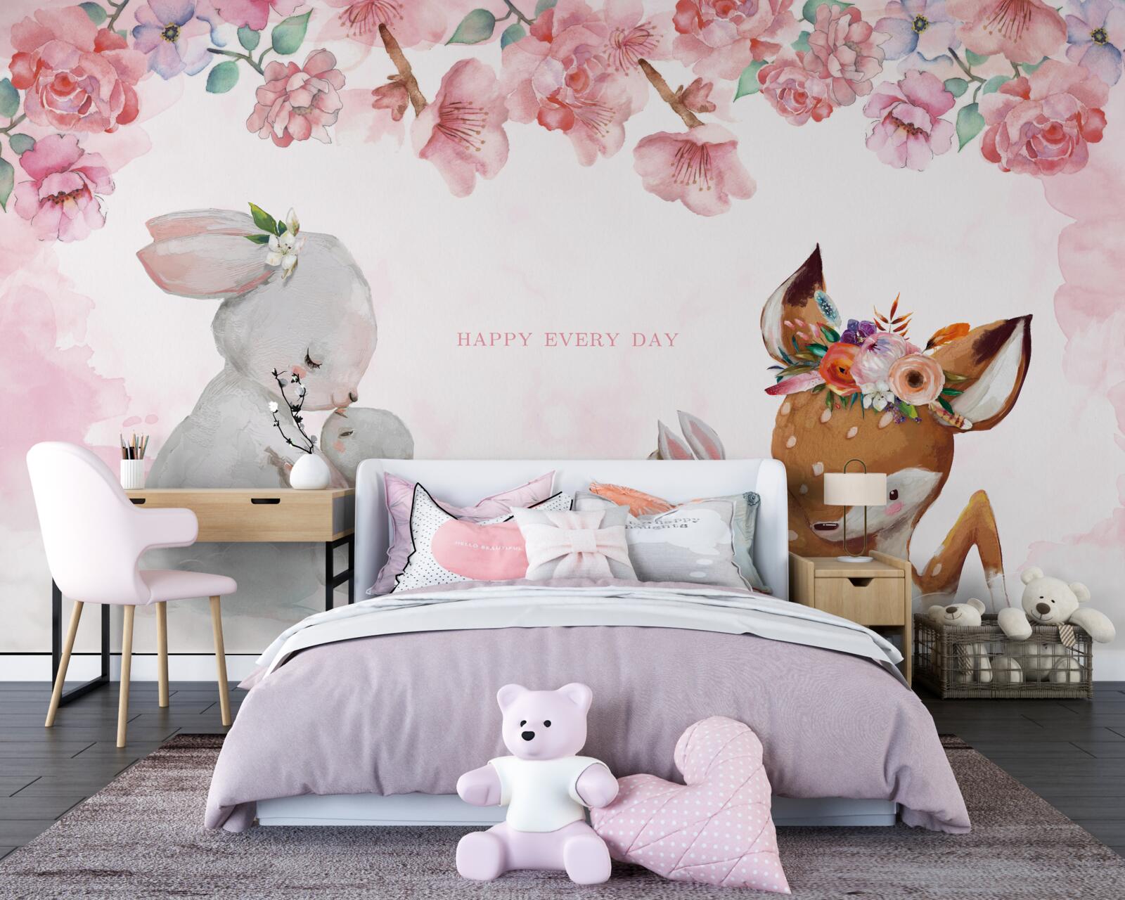 Fotobehang hert puppy en schattige konijntjes