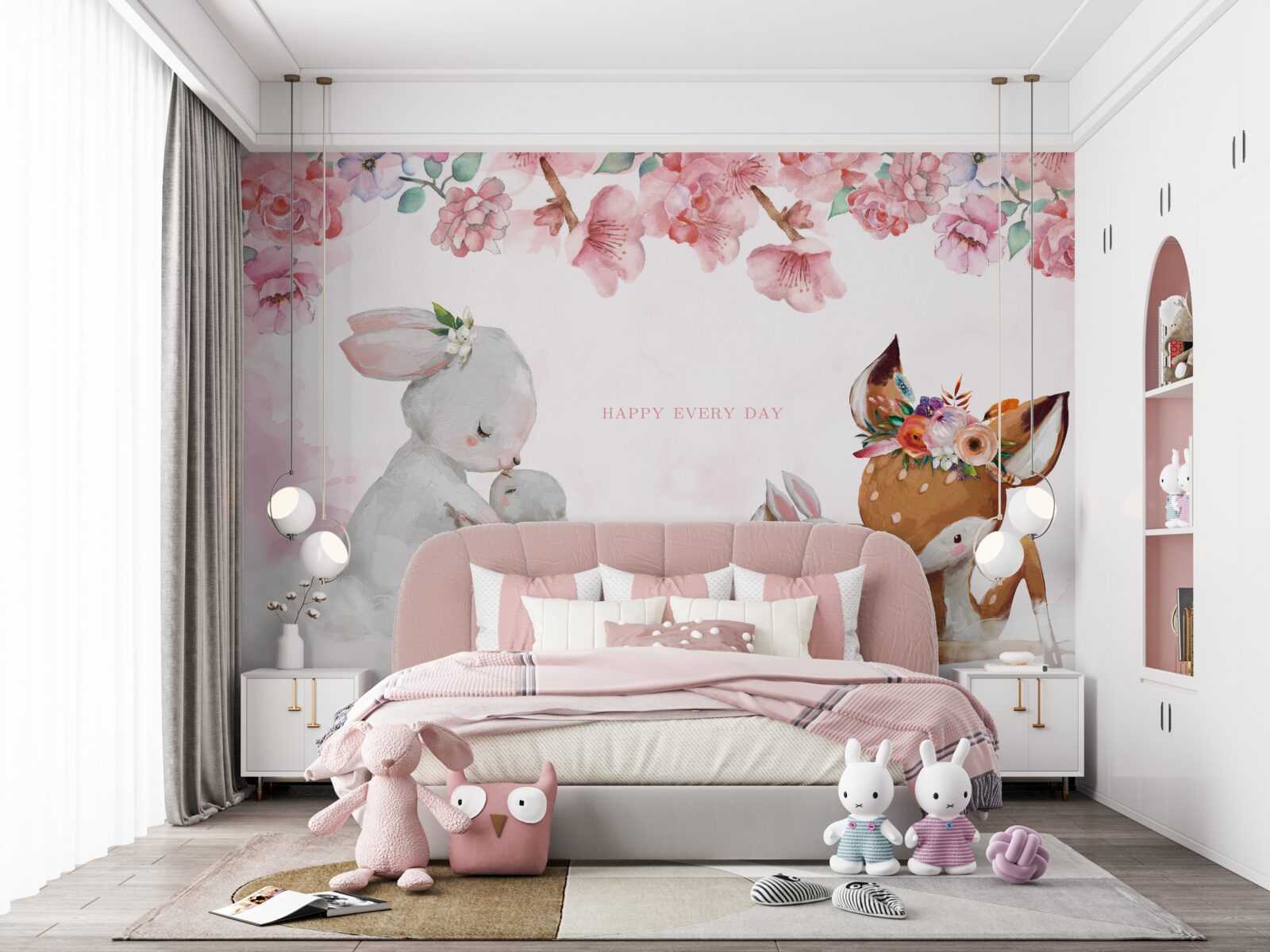 Fotobehang hert puppy en schattige konijntjes