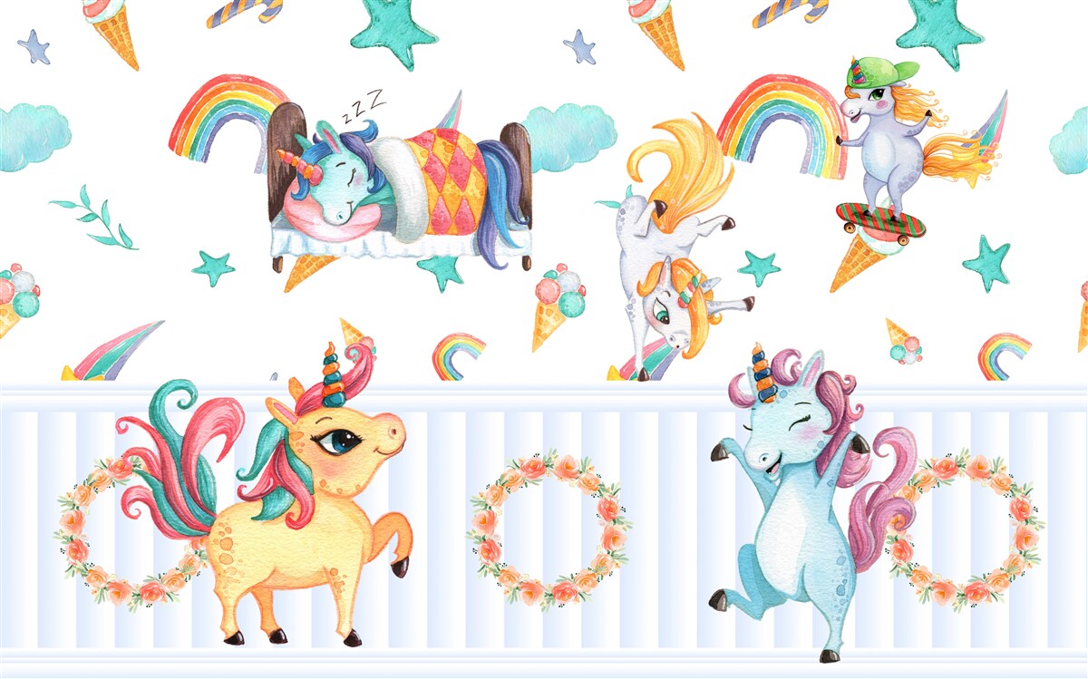 Fotobehang eenhoorns, bezig met hun eigen zaken, in verschillende kleuren