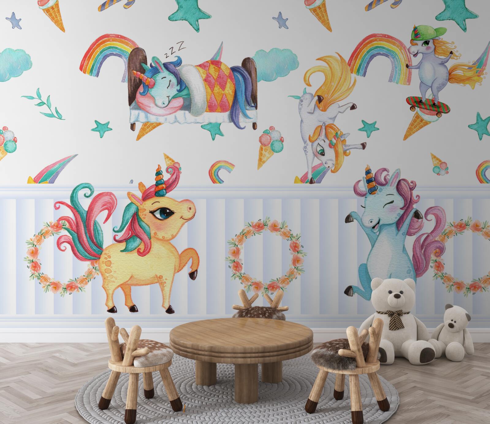 Fotobehang eenhoorns, bezig met hun eigen zaken, in verschillende kleuren