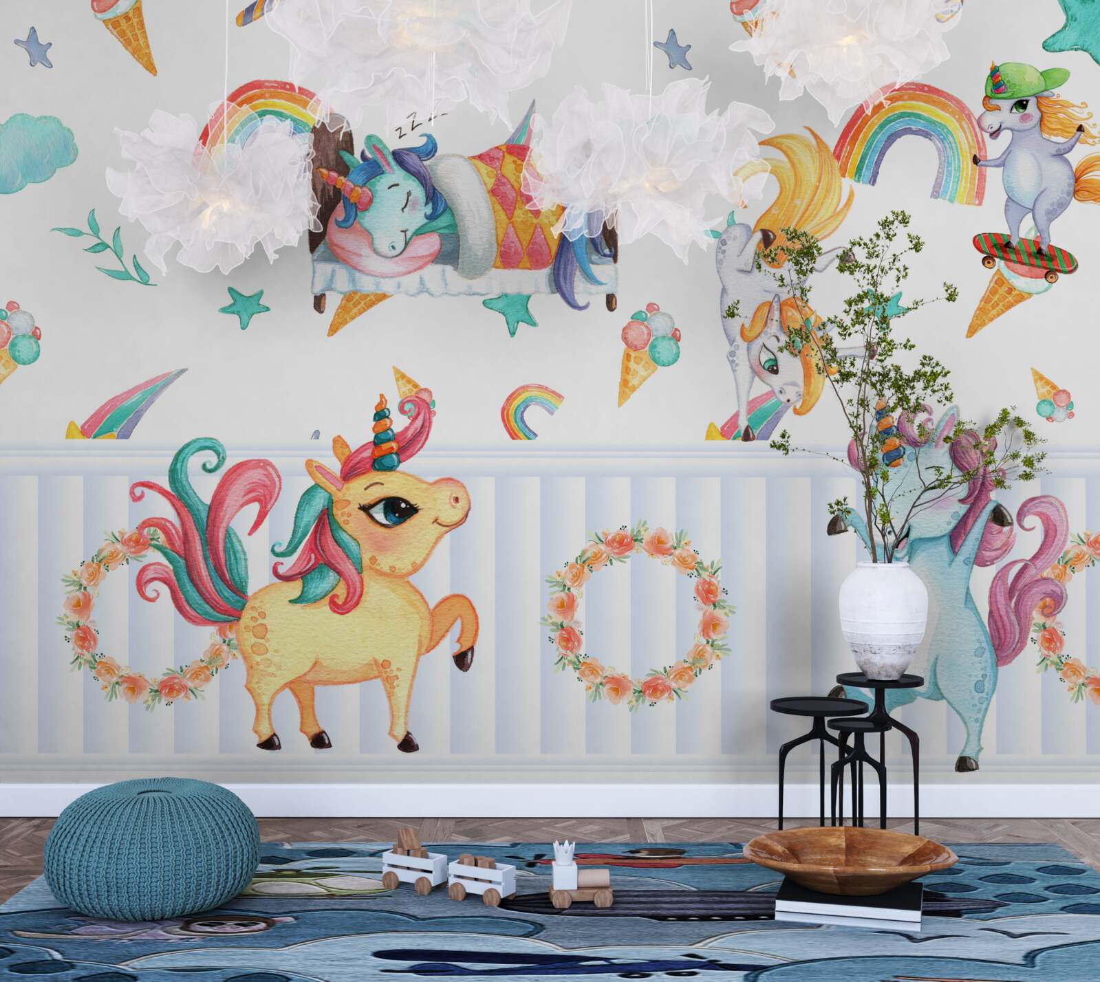 Fotobehang eenhoorns, bezig met hun eigen zaken, in verschillende kleuren