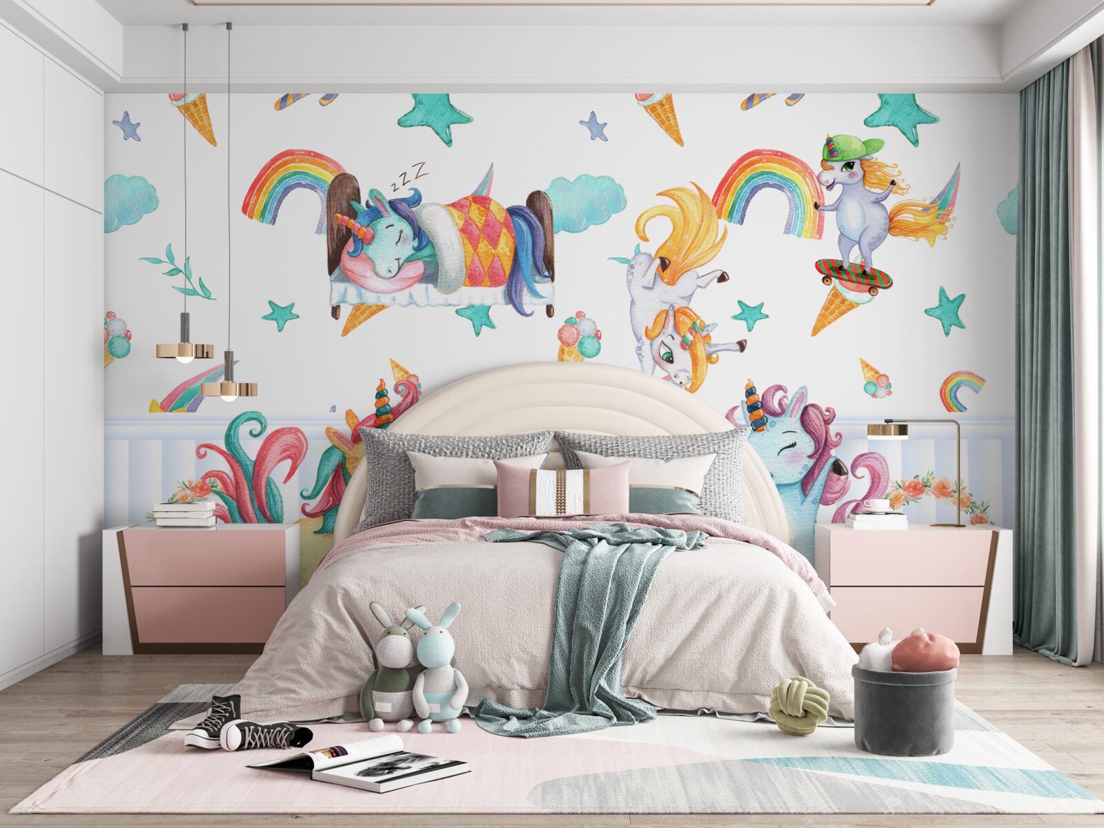 Fotobehang eenhoorns, bezig met hun eigen zaken, in verschillende kleuren