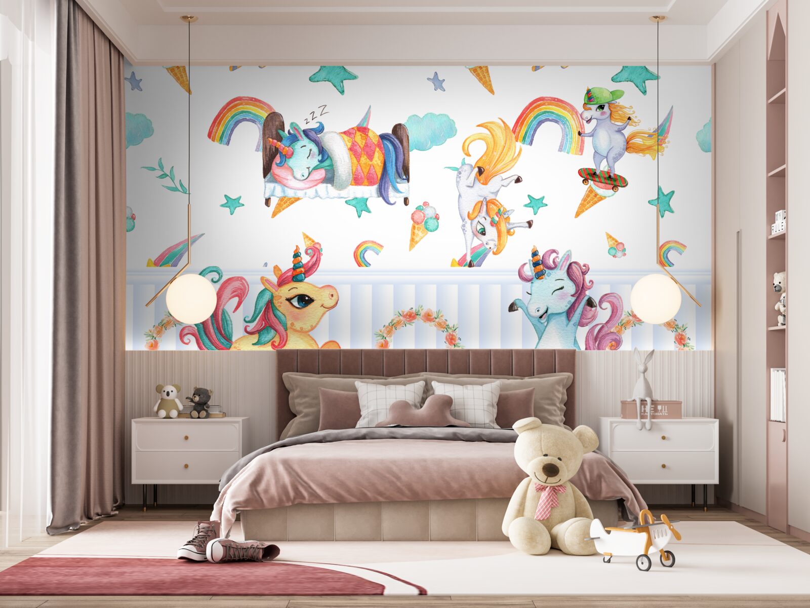 Fotobehang eenhoorns, bezig met hun eigen zaken, in verschillende kleuren