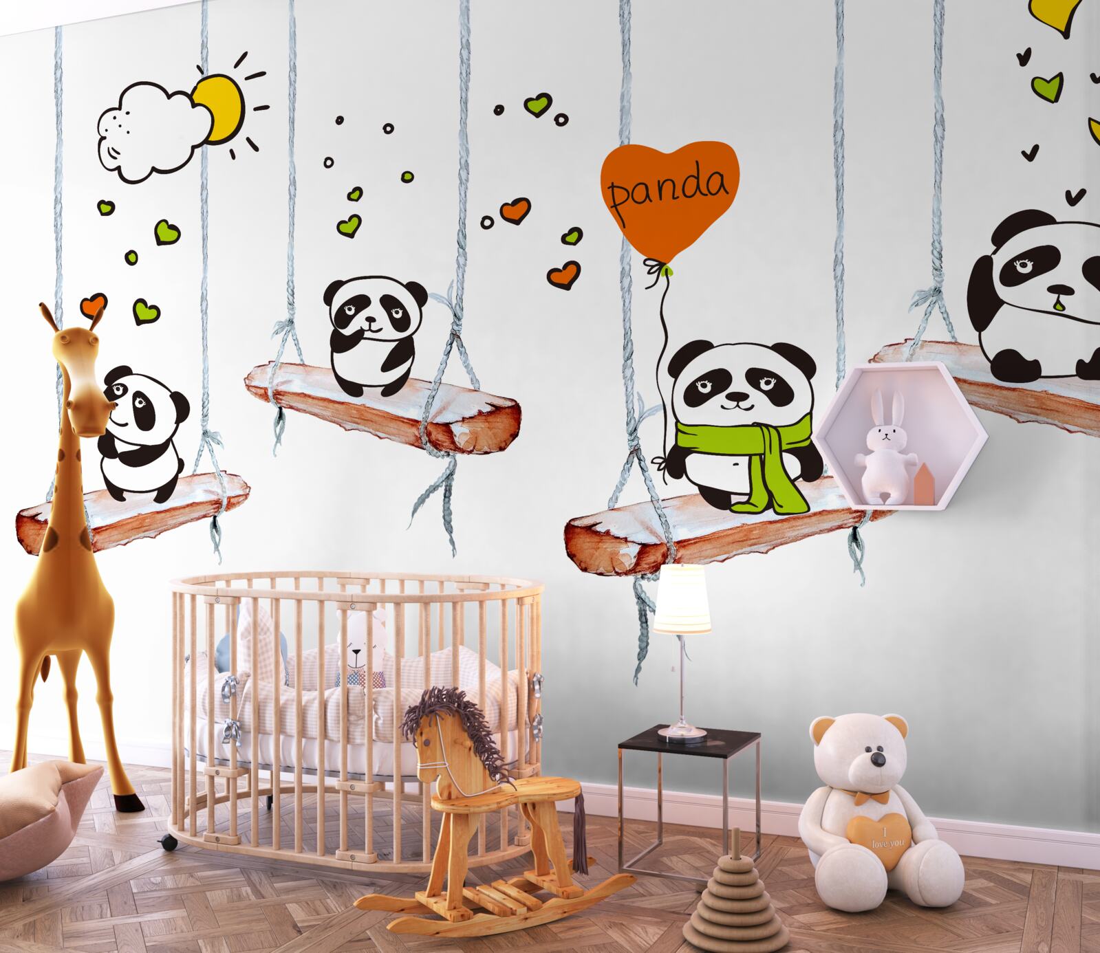 Fotobehang schommelende panda's