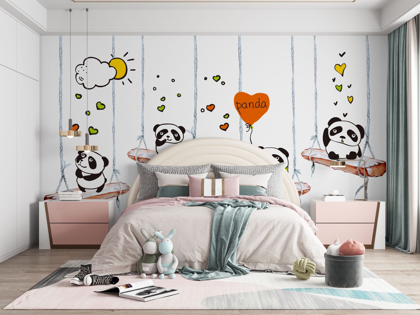 Fotobehang schommelende panda's