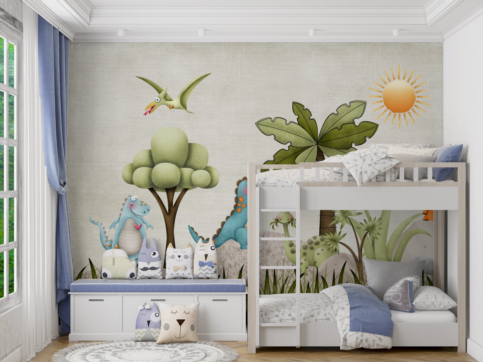 Fotobehang kleine cartoon dinosaurussen in groene struiken