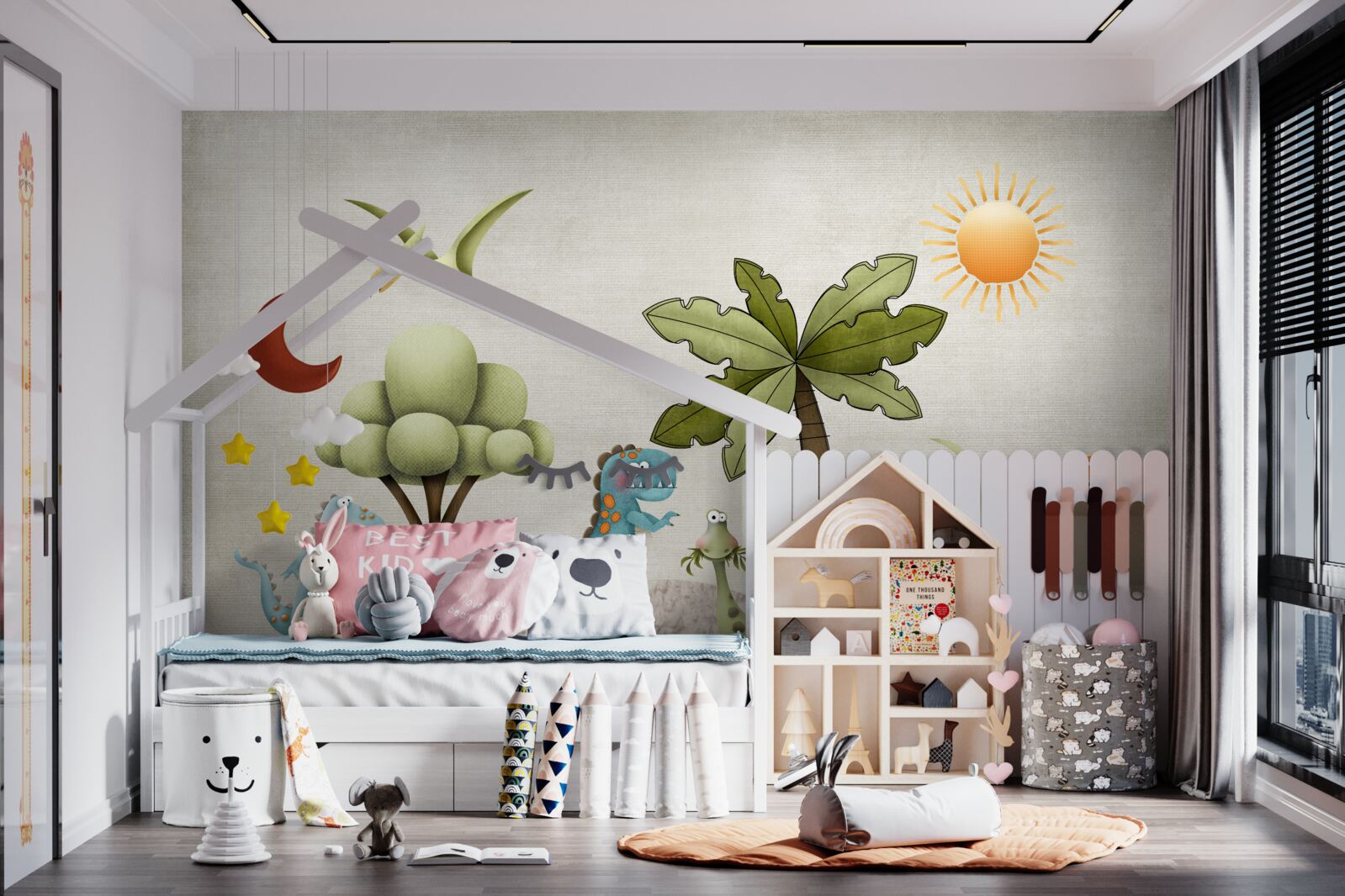 Fotobehang kleine cartoon dinosaurussen in groene struiken