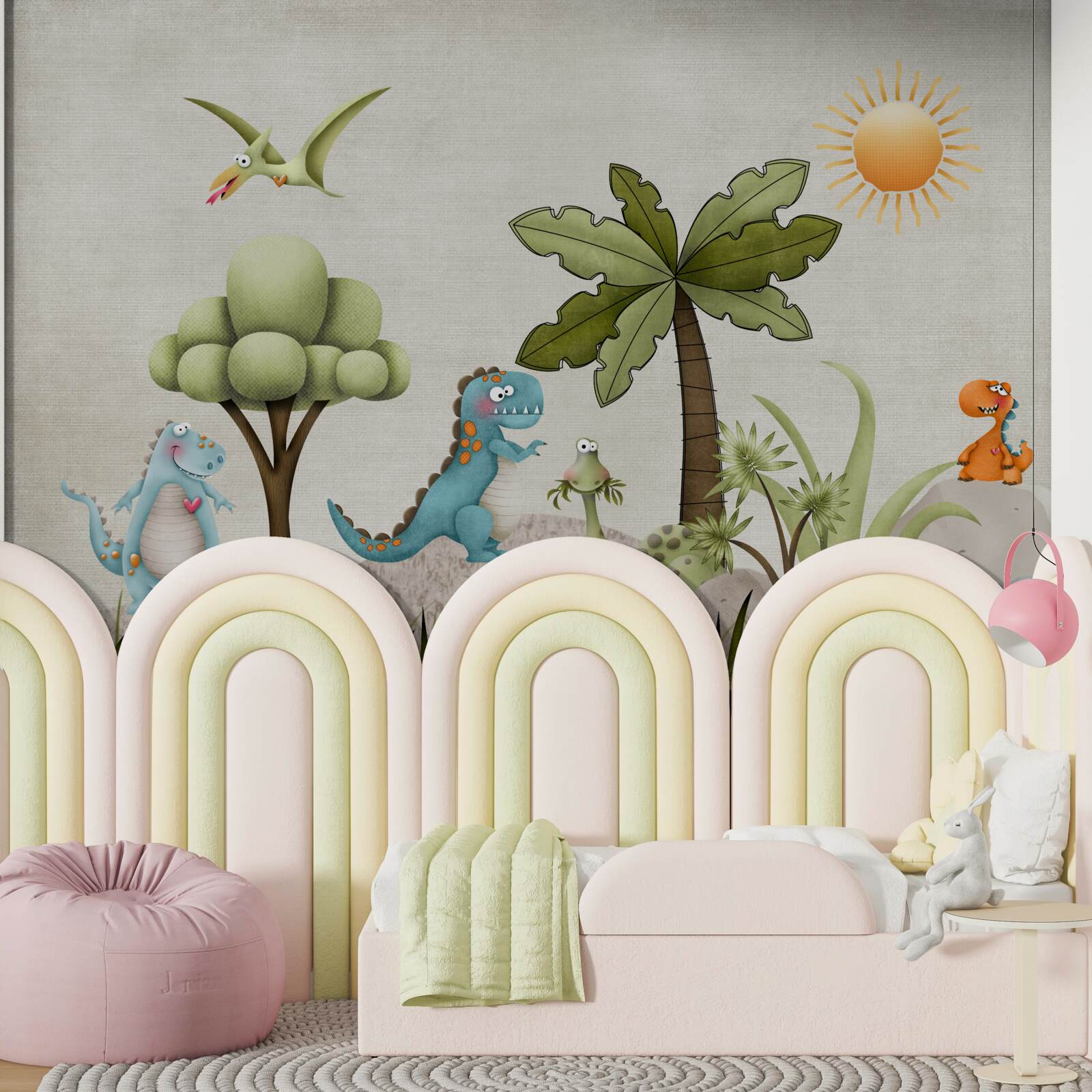 Fotobehang kleine cartoon dinosaurussen in groene struiken