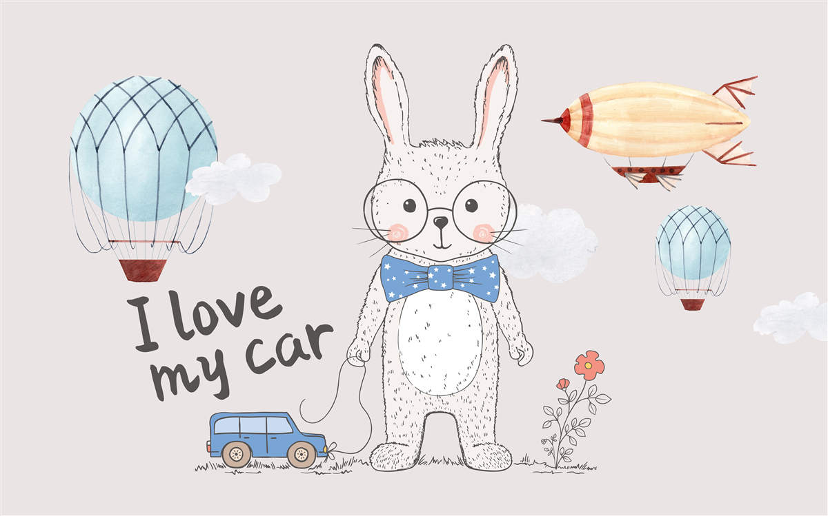 Fotobehang haas met bril tegen een achtergrond van voertuigen