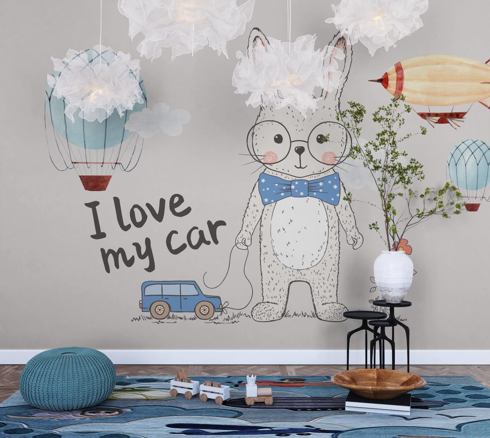 Fotobehang haas met bril tegen een achtergrond van voertuigen