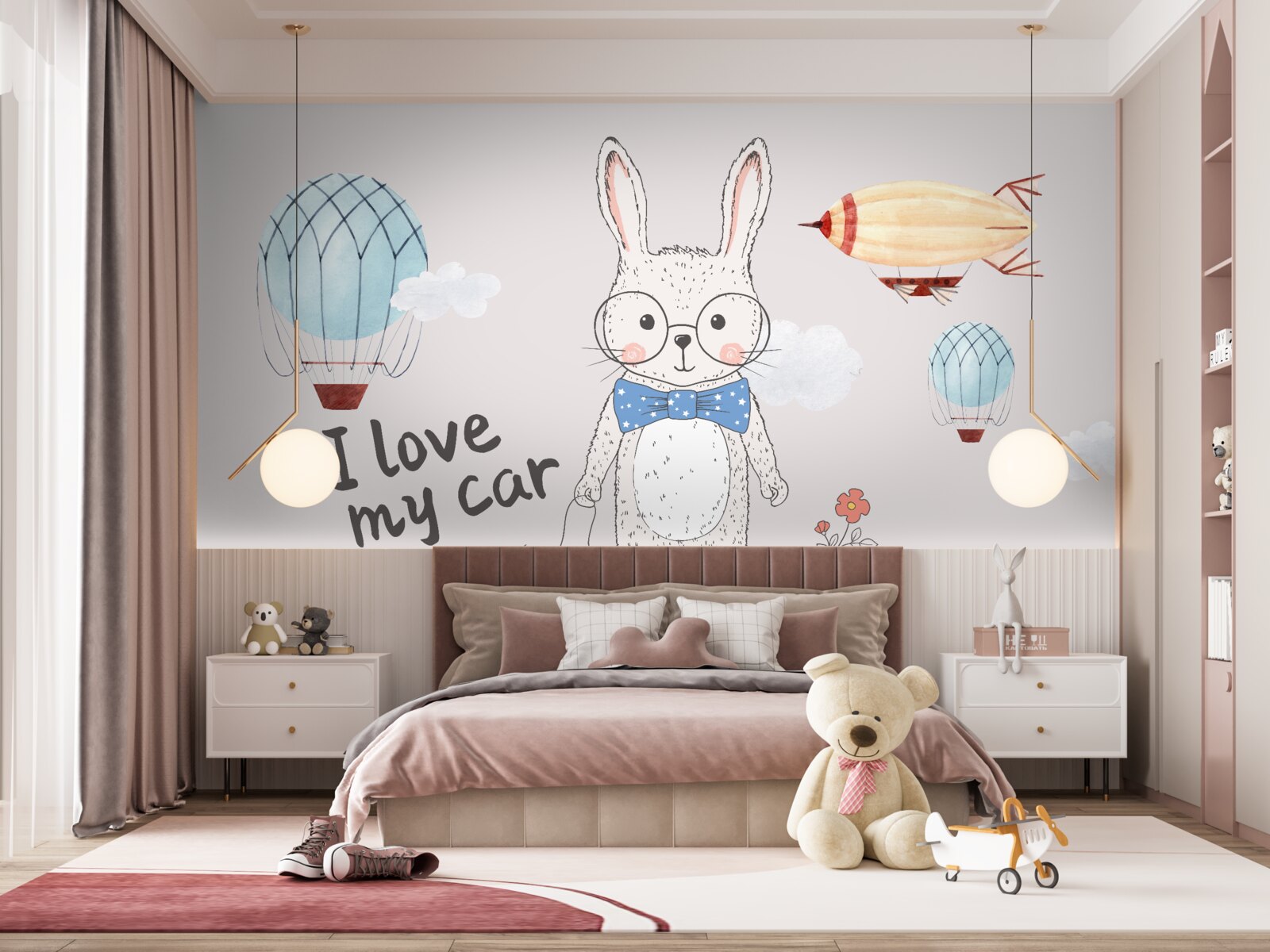 Fotobehang haas met bril tegen een achtergrond van voertuigen