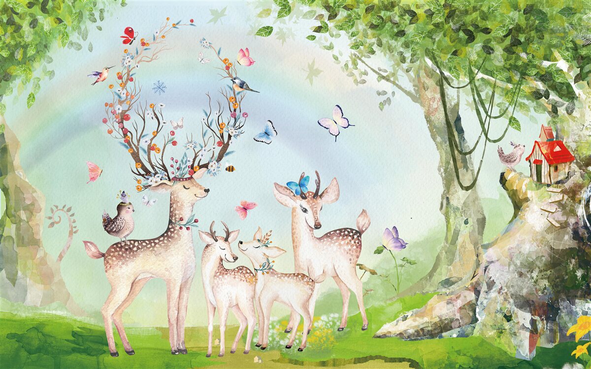 Fotobehang een familie herten in een magisch bos