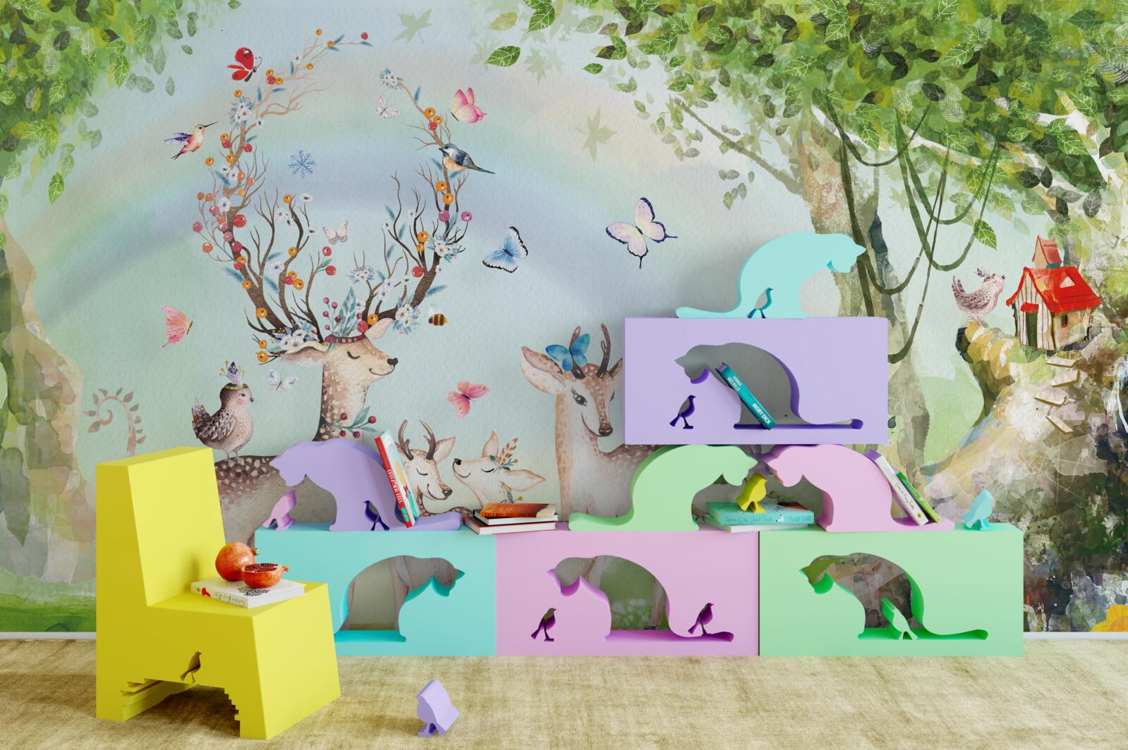 Fotobehang een familie herten in een magisch bos