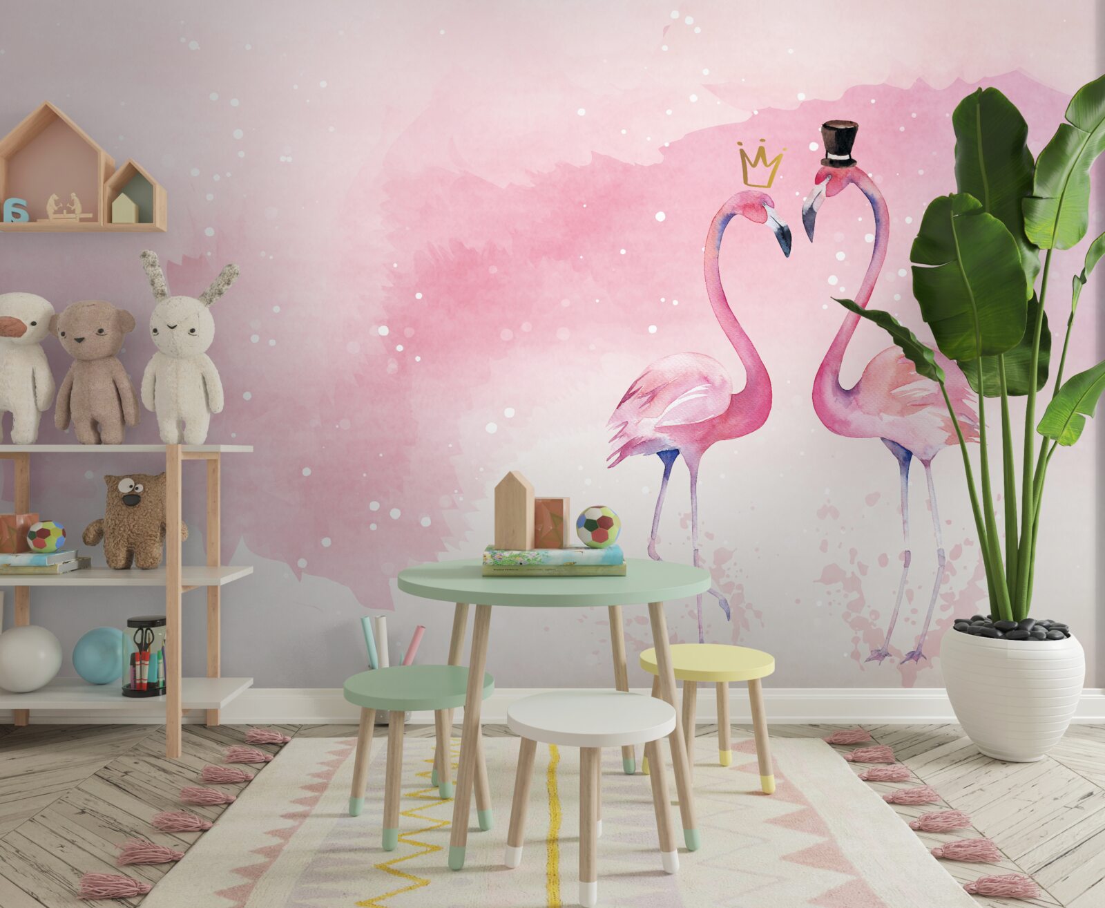 Fotobehang twee roze flamingo's