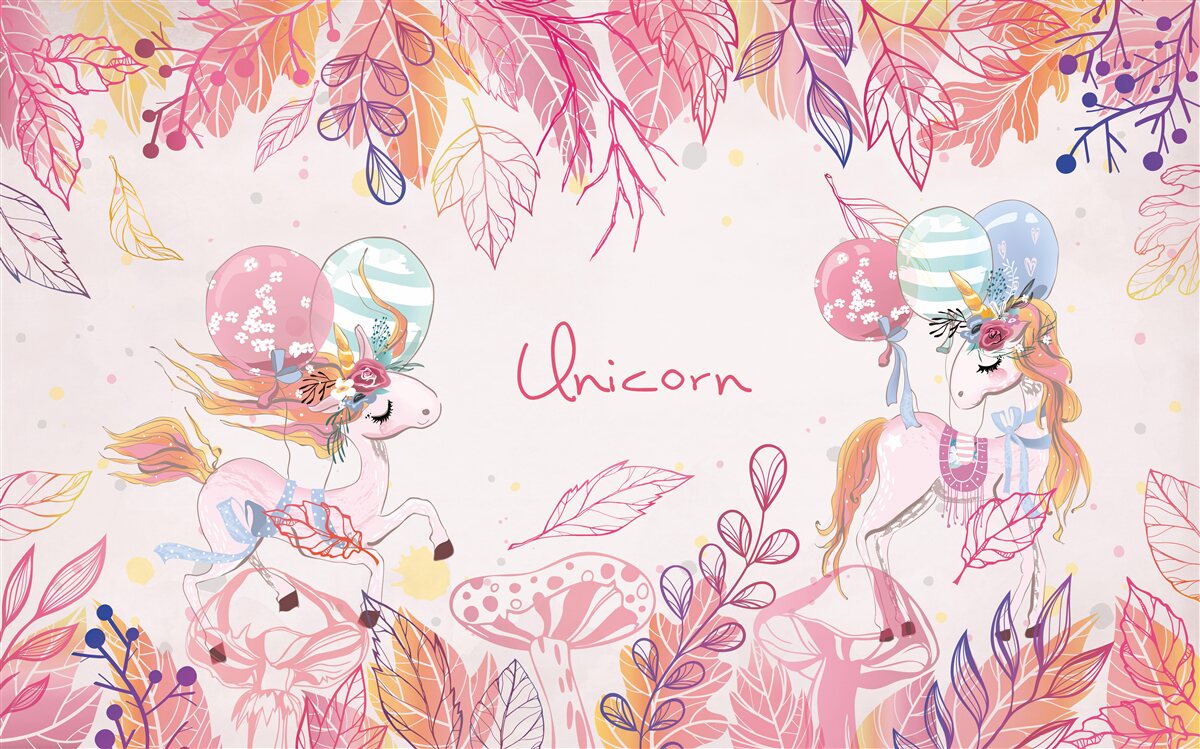 Fotobehang roze eenhoorns met heliumballonnen