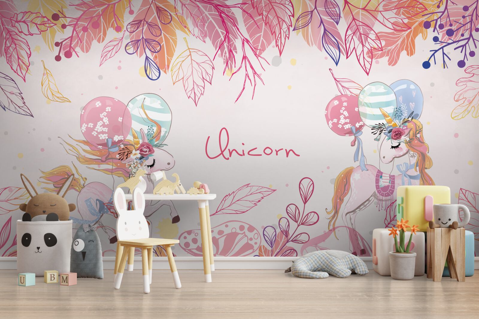 Fotobehang roze eenhoorns met heliumballonnen