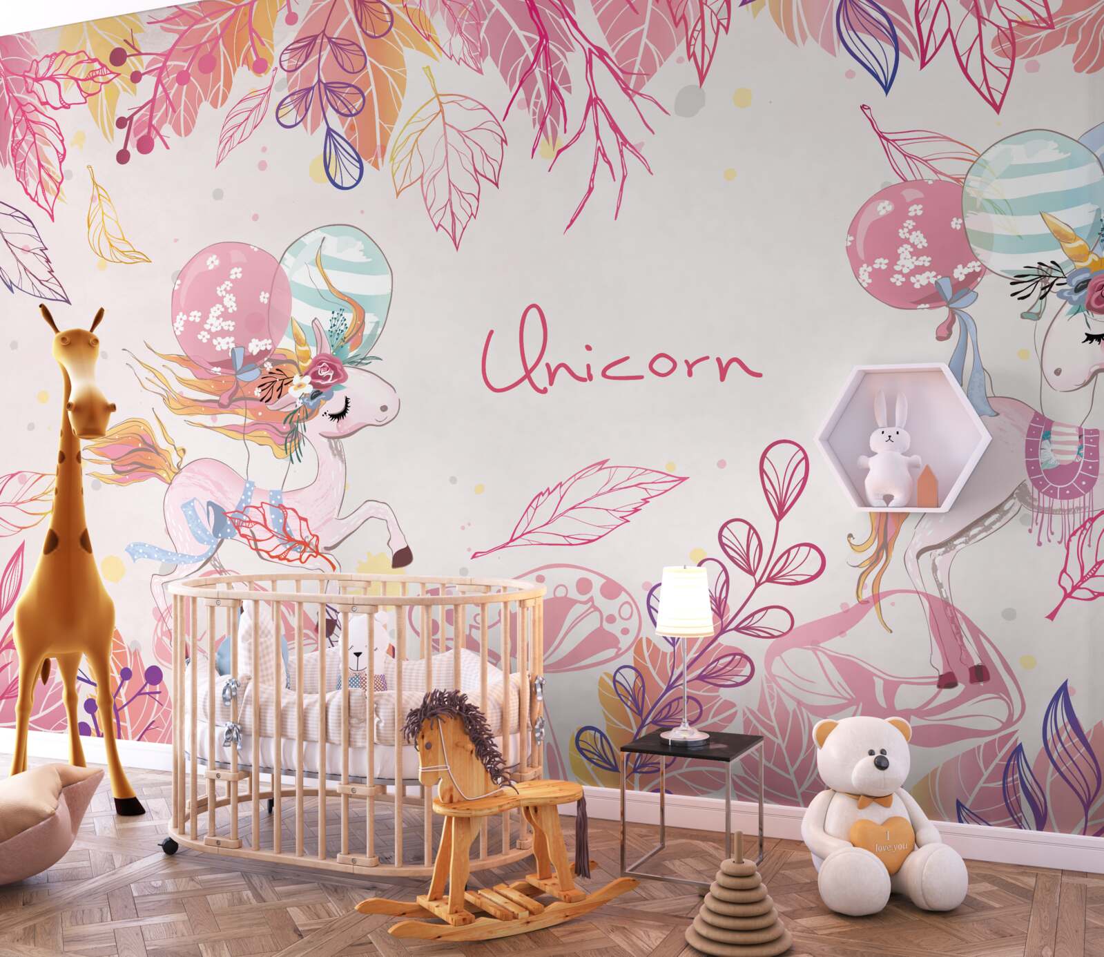 Fotobehang roze eenhoorns met heliumballonnen