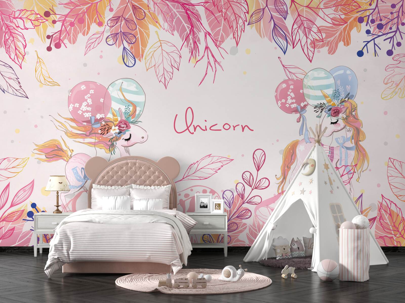 Fotobehang roze eenhoorns met heliumballonnen