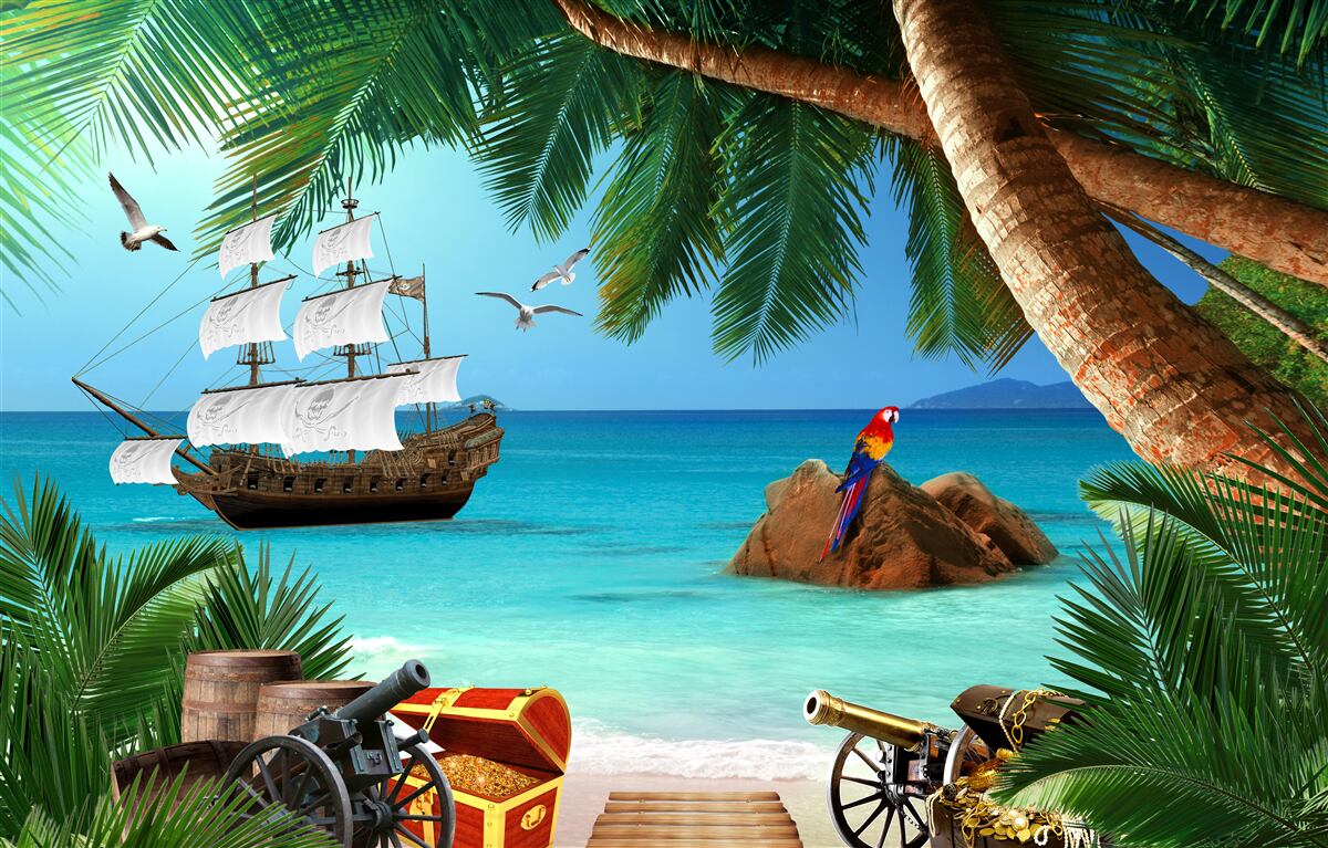 Fotobehang zicht op het schip vanaf het piratenfort