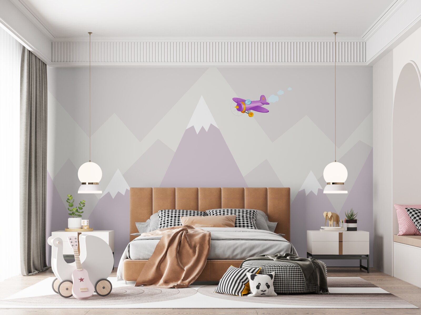 Fotobehang de kinderkamer ligt tegen een achtergrond van bergen