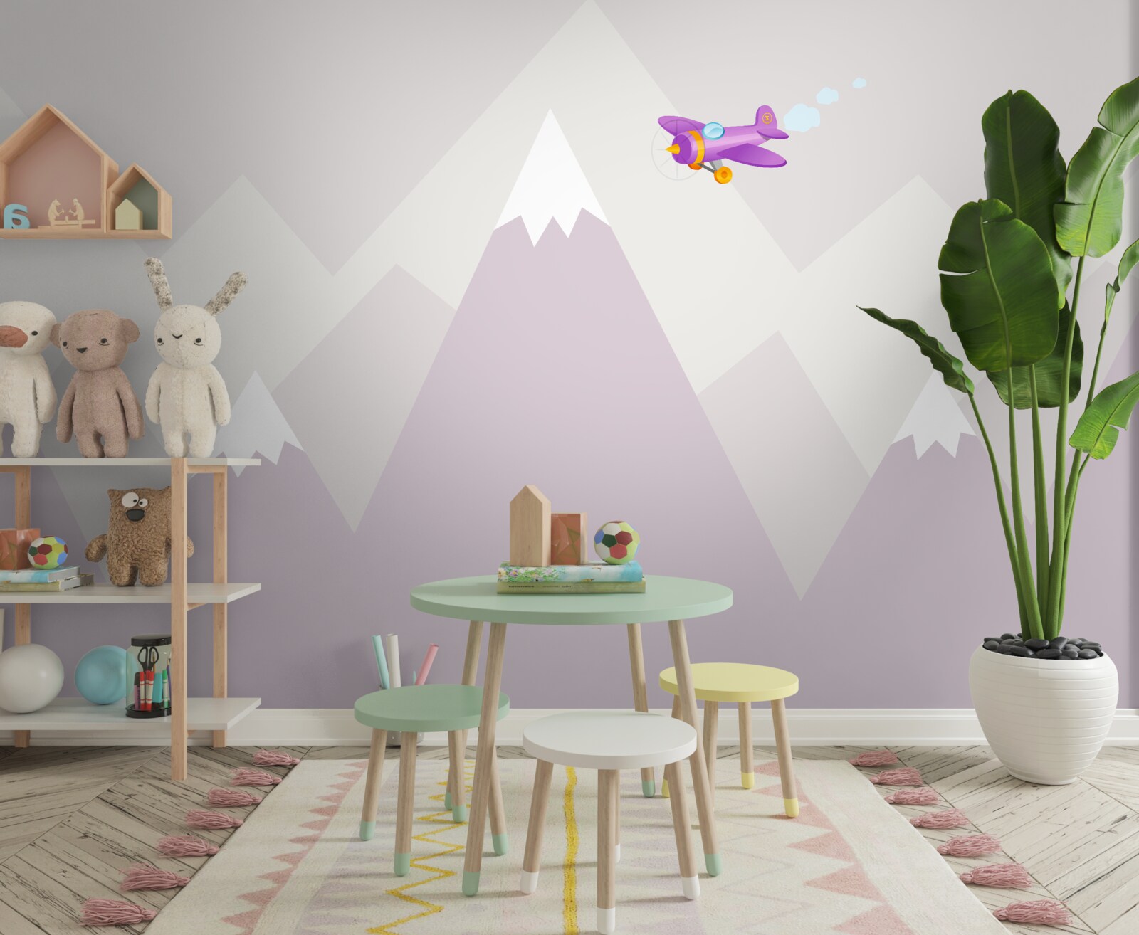 Fotobehang de kinderkamer ligt tegen een achtergrond van bergen