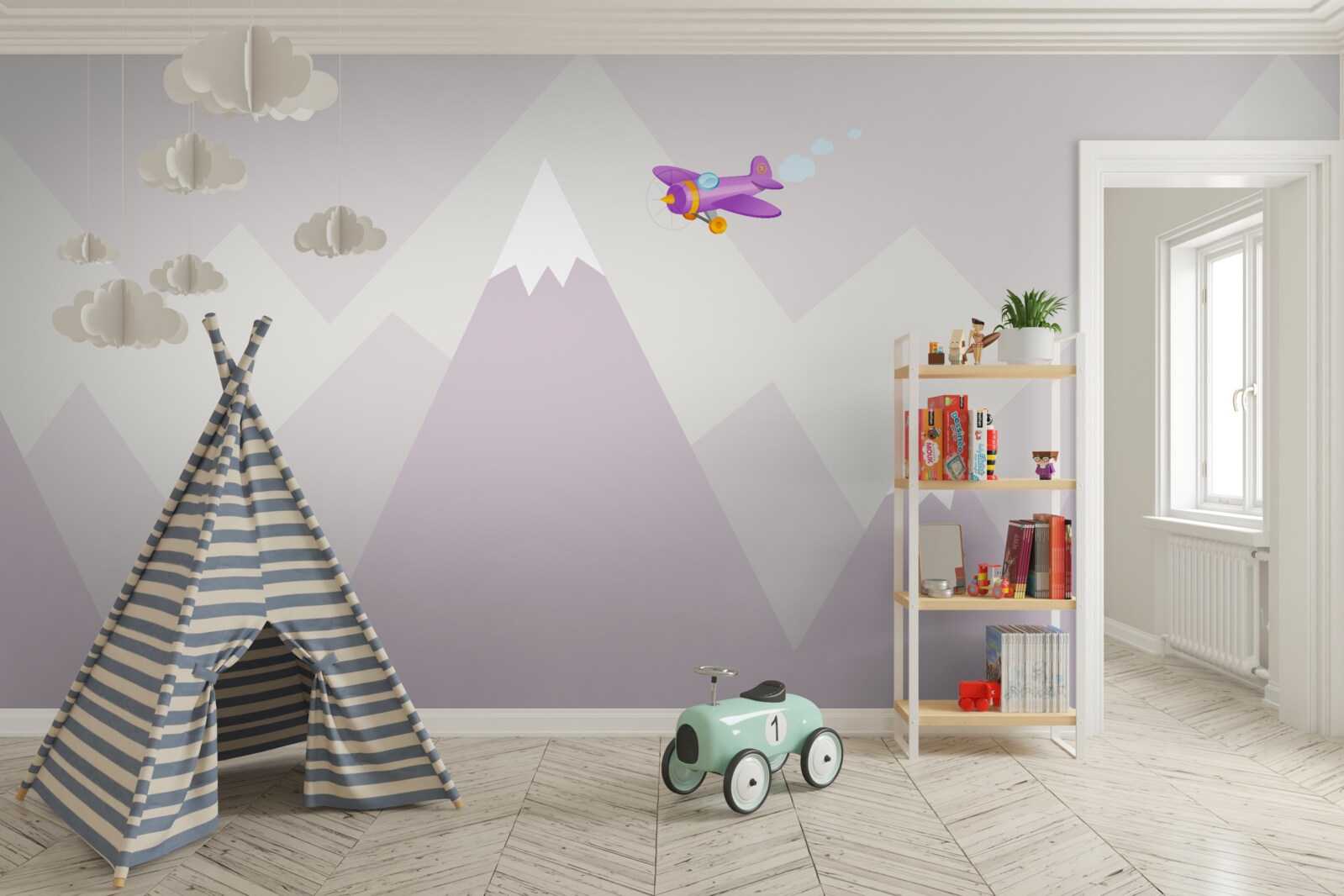 Fotobehang de kinderkamer ligt tegen een achtergrond van bergen