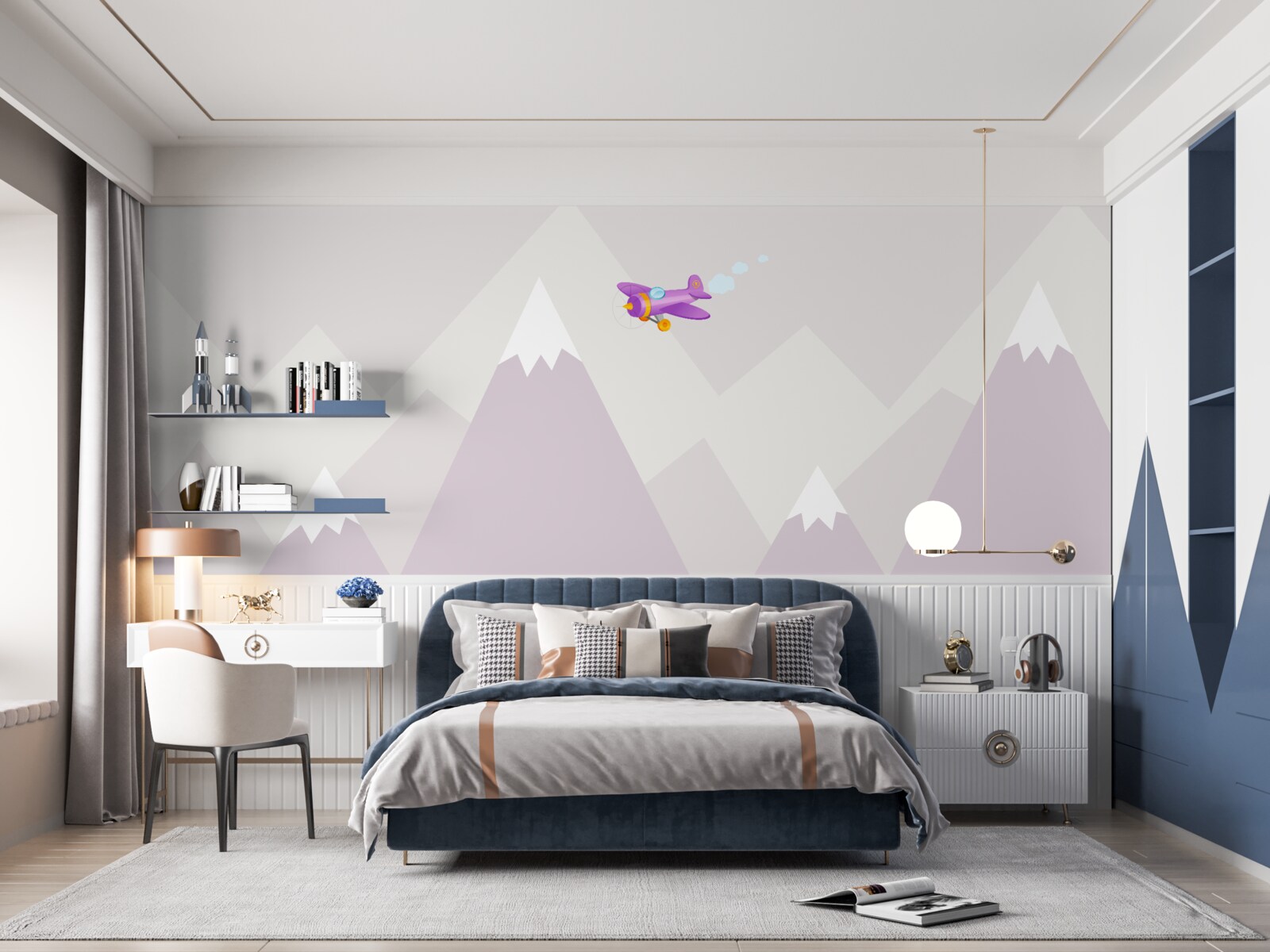 Fotobehang de kinderkamer ligt tegen een achtergrond van bergen