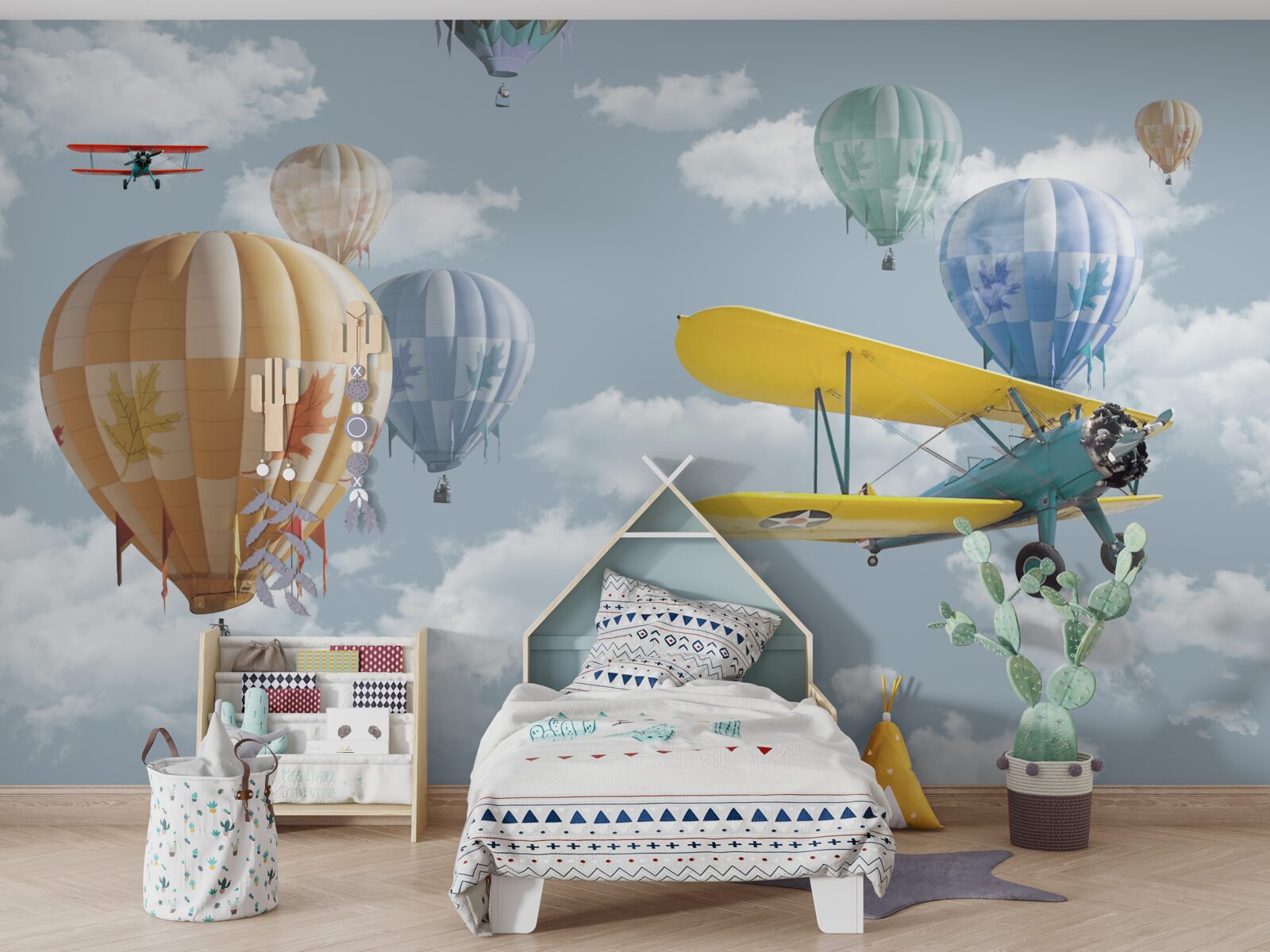 Fotobehang ballonnen en vliegtuigen in de lucht