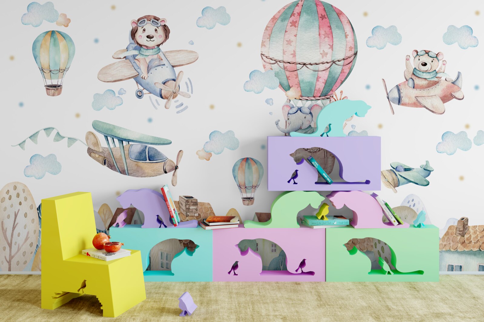 Fotobehang een stad waar dieren vliegen