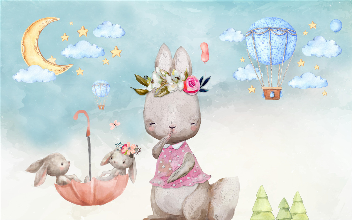 Fotobehang haas met kinderen in een paraplu