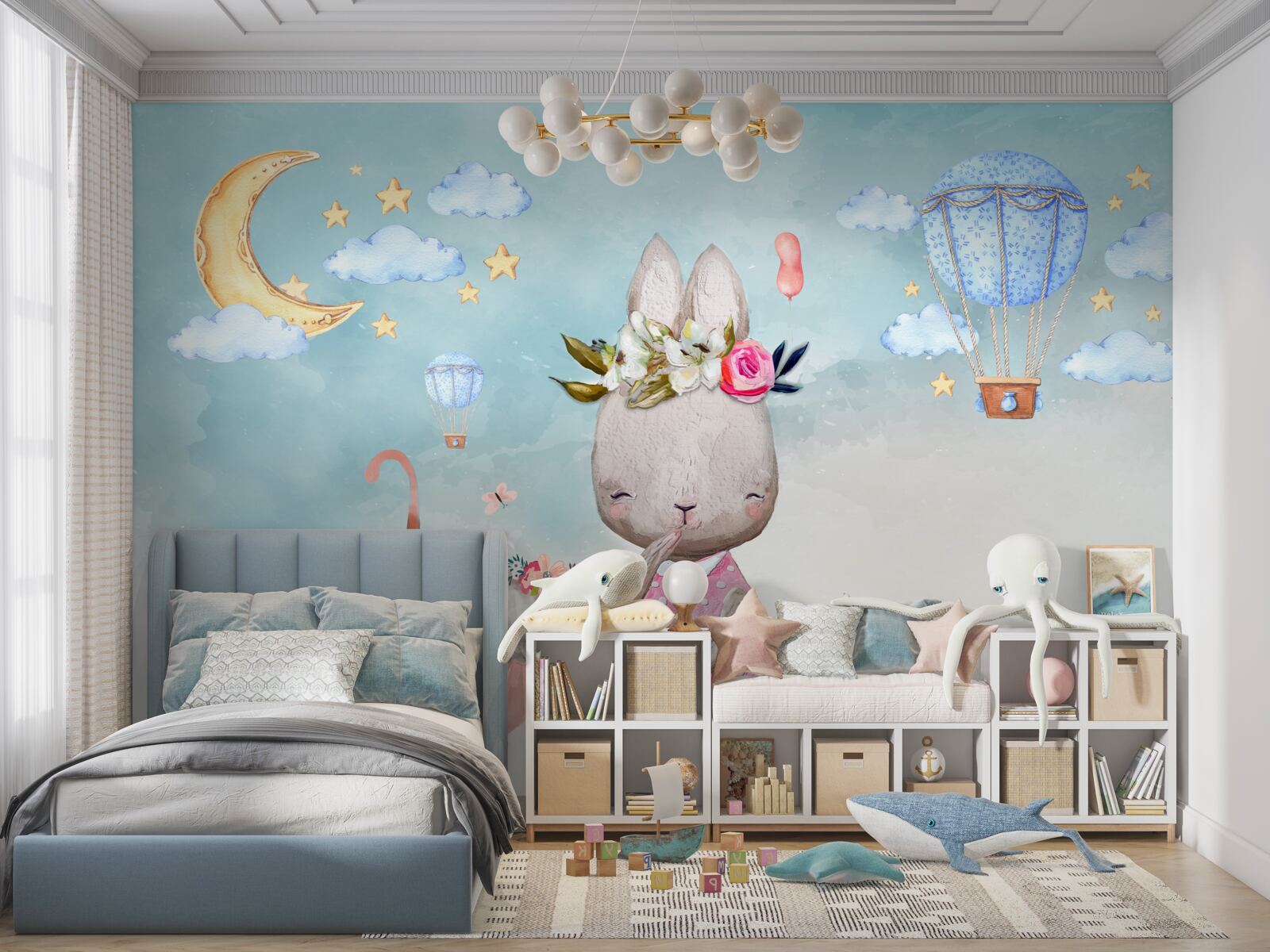 Fotobehang haas met kinderen in een paraplu