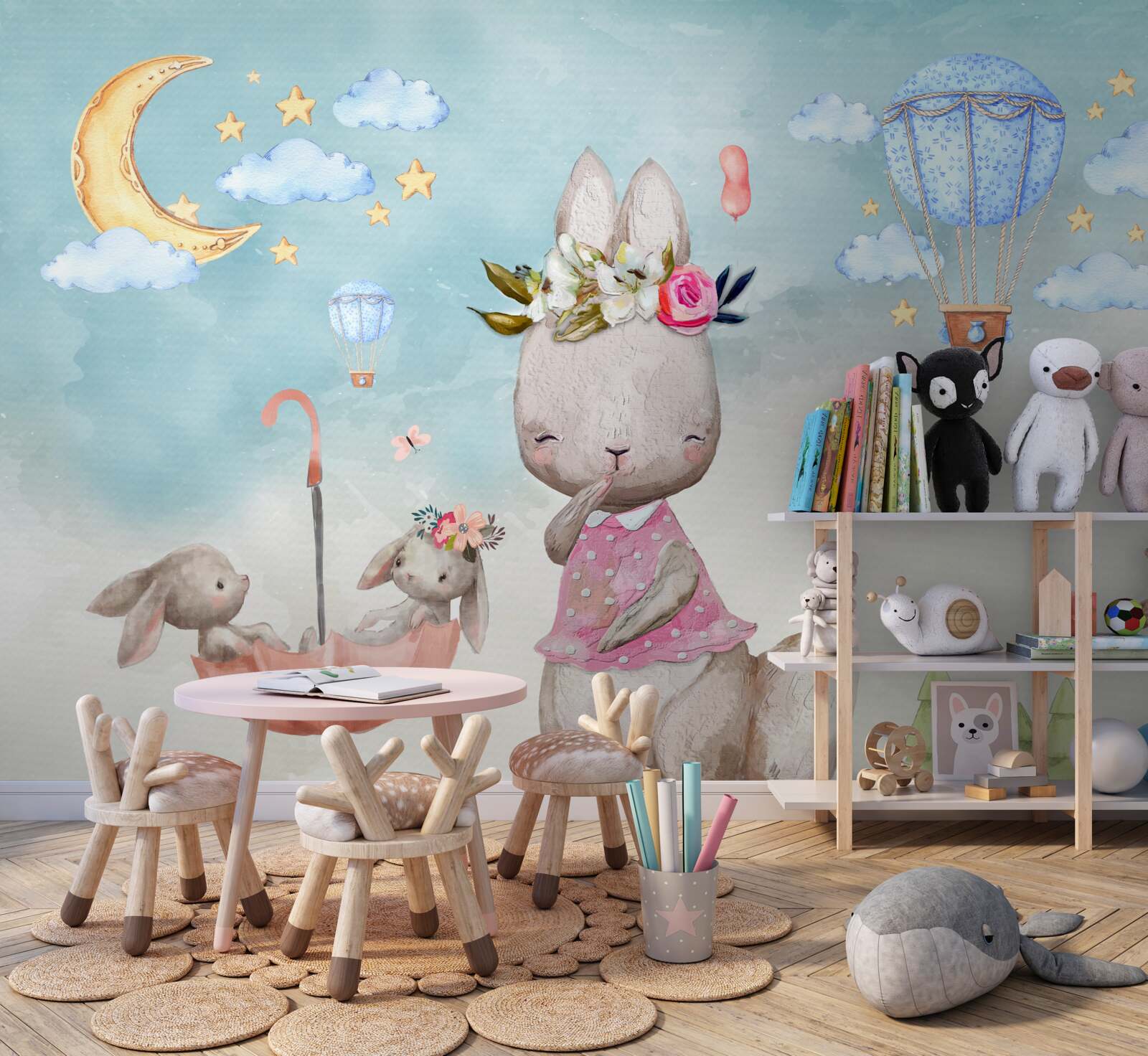 Fotobehang haas met kinderen in een paraplu