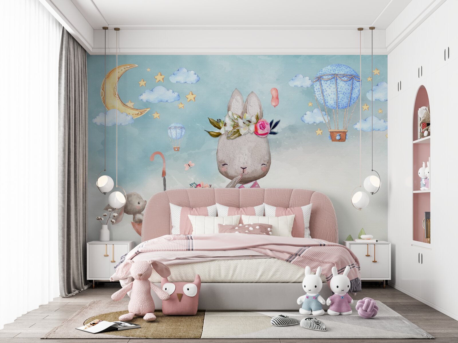 Fotobehang haas met kinderen in een paraplu