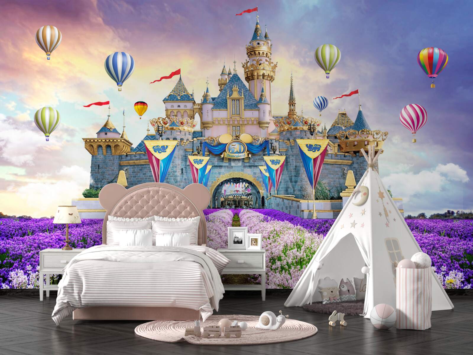 Fotobehang velden met lavendel tegen de achtergrond van een magisch kasteel