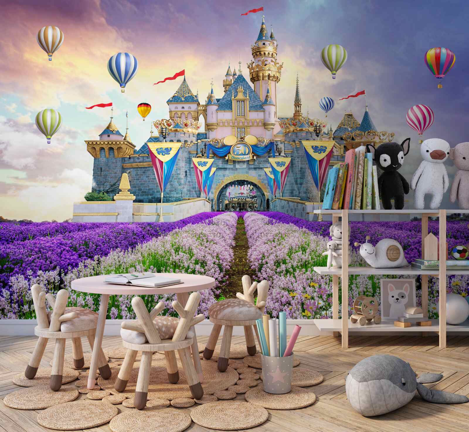 Fotobehang velden met lavendel tegen de achtergrond van een magisch kasteel