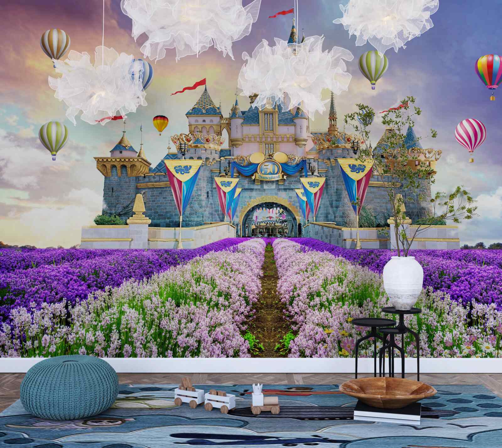 Fotobehang velden met lavendel tegen de achtergrond van een magisch kasteel