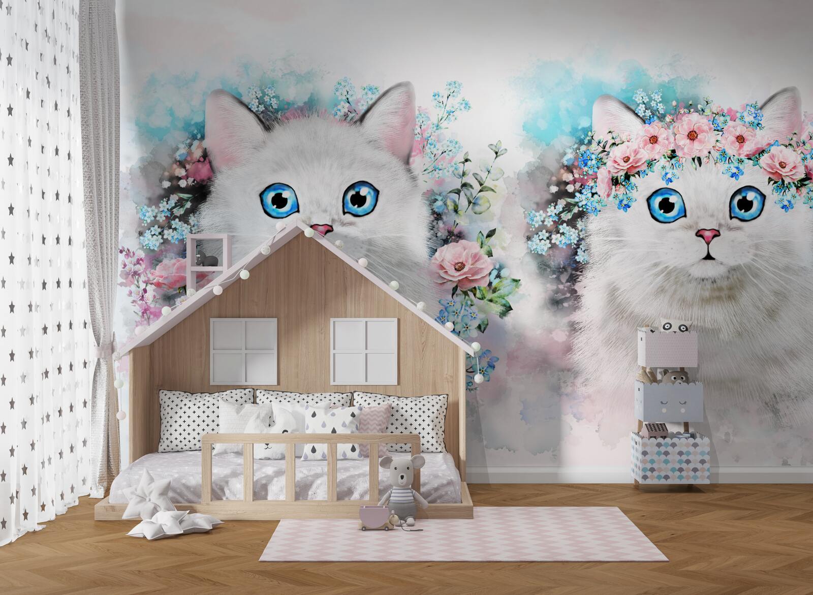 Fotobehang Maartse katten omringd door bloemen