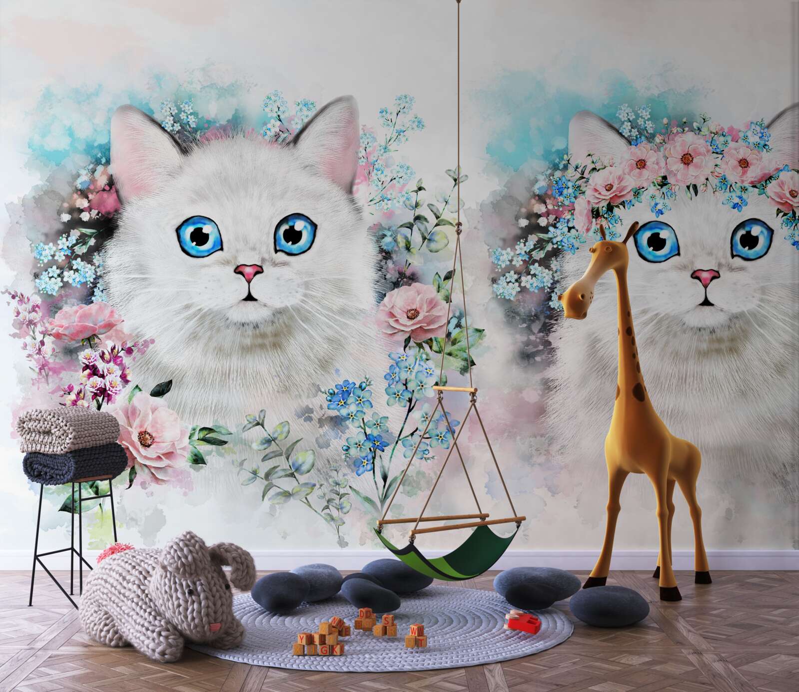 Fotobehang Maartse katten omringd door bloemen