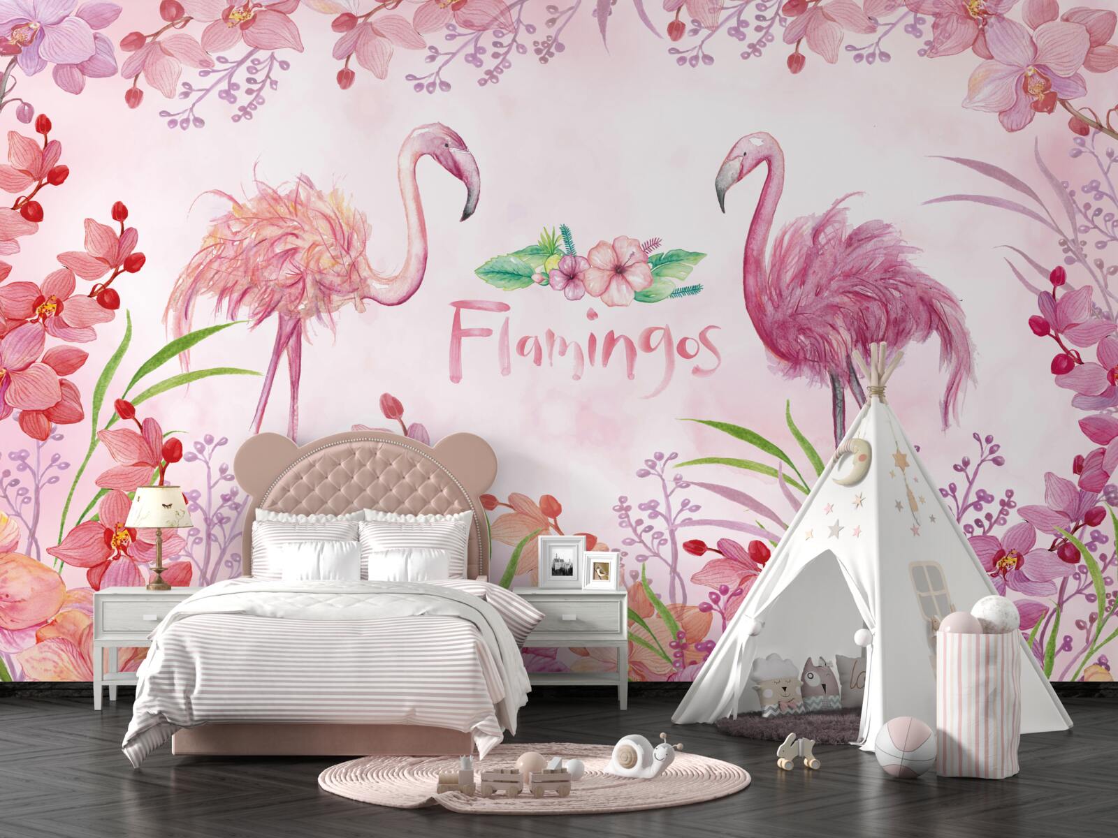 Fotobehang roze flamingo tussen roze knoppen