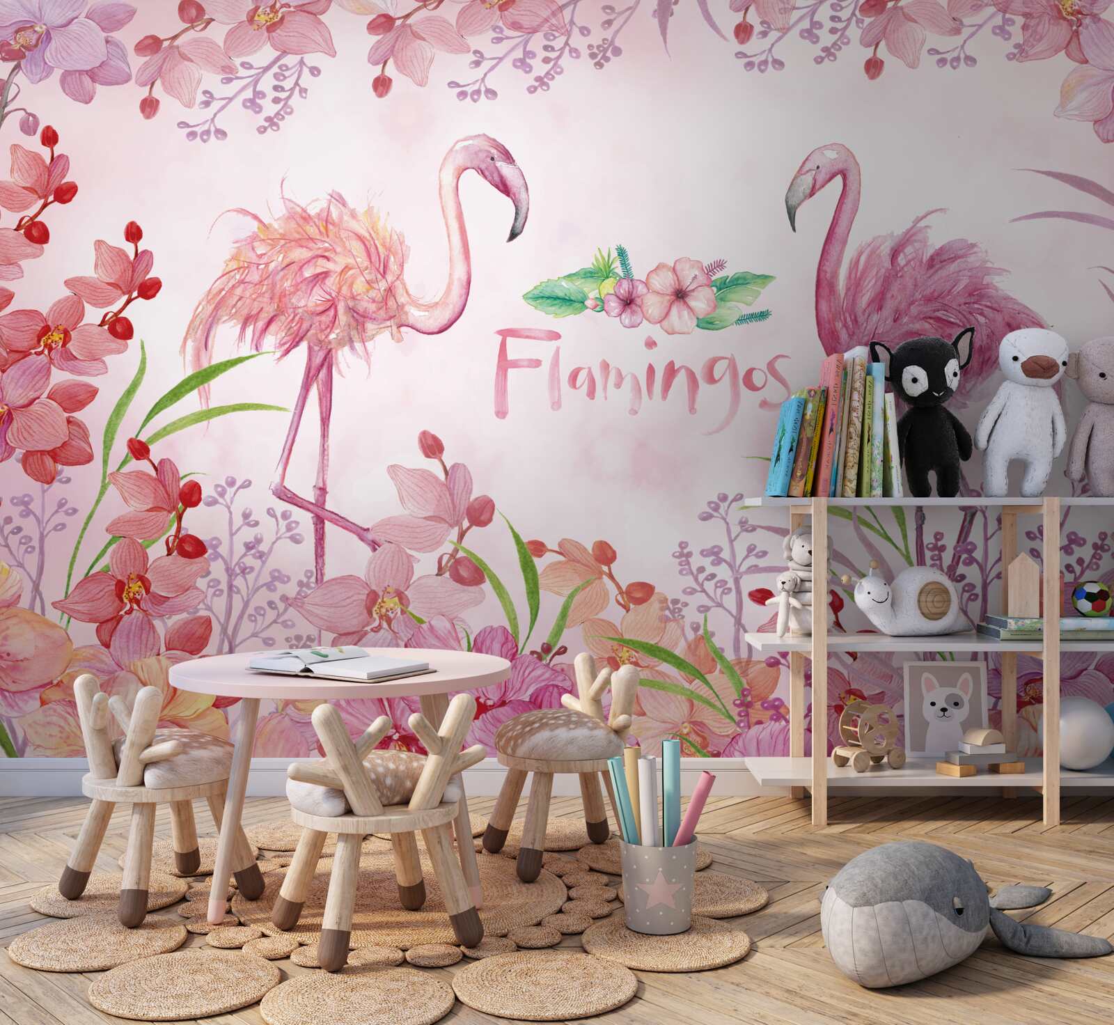 Fotobehang roze flamingo tussen roze knoppen