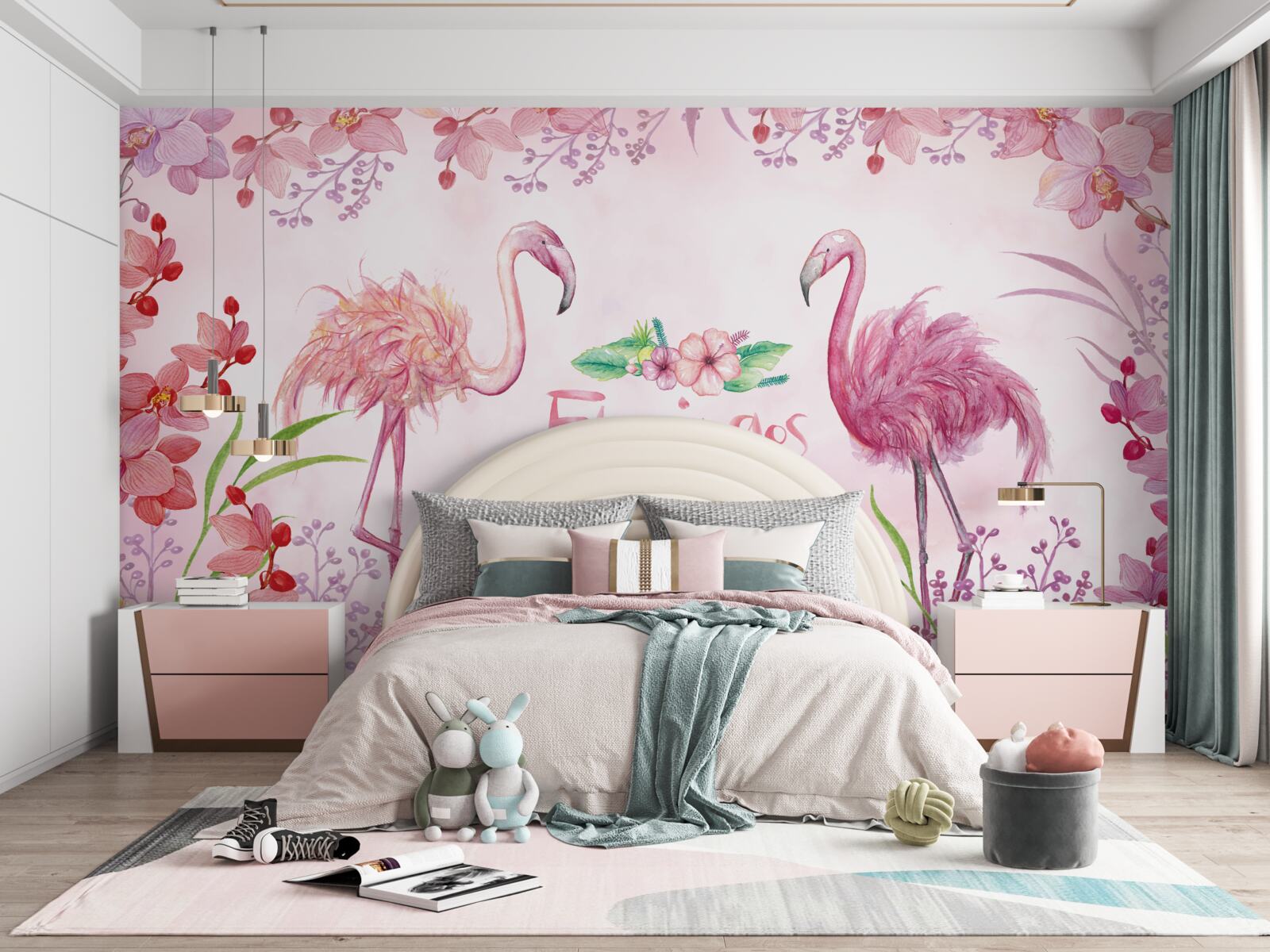 Fotobehang roze flamingo tussen roze knoppen