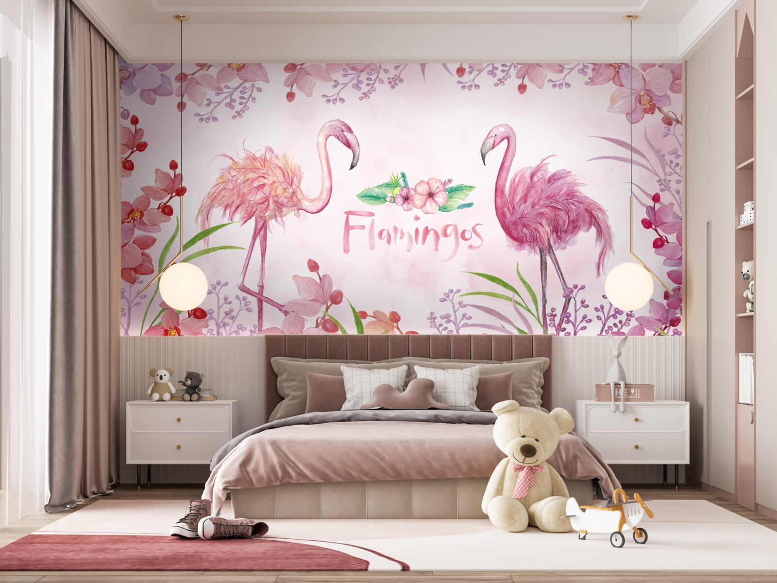 Fotobehang roze flamingo tussen roze knoppen
