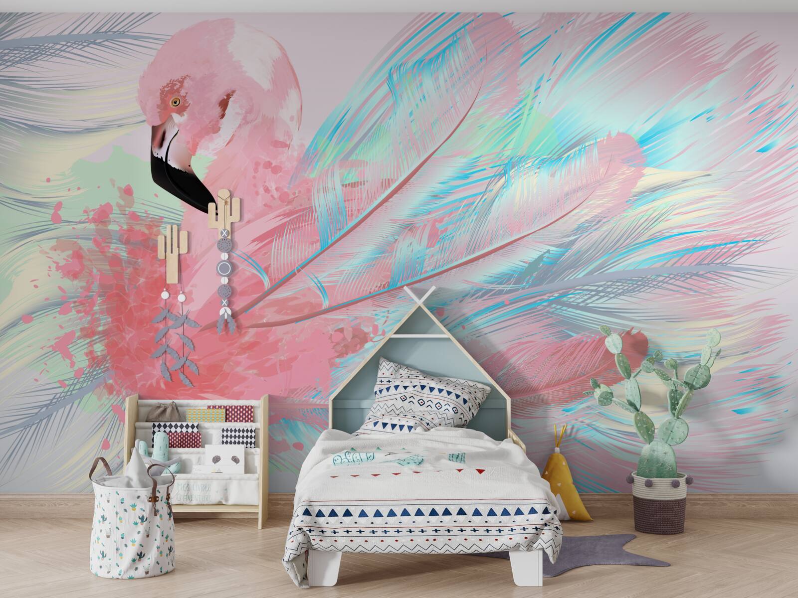 Fotobehang een roze flamingo gevormd uit de veren